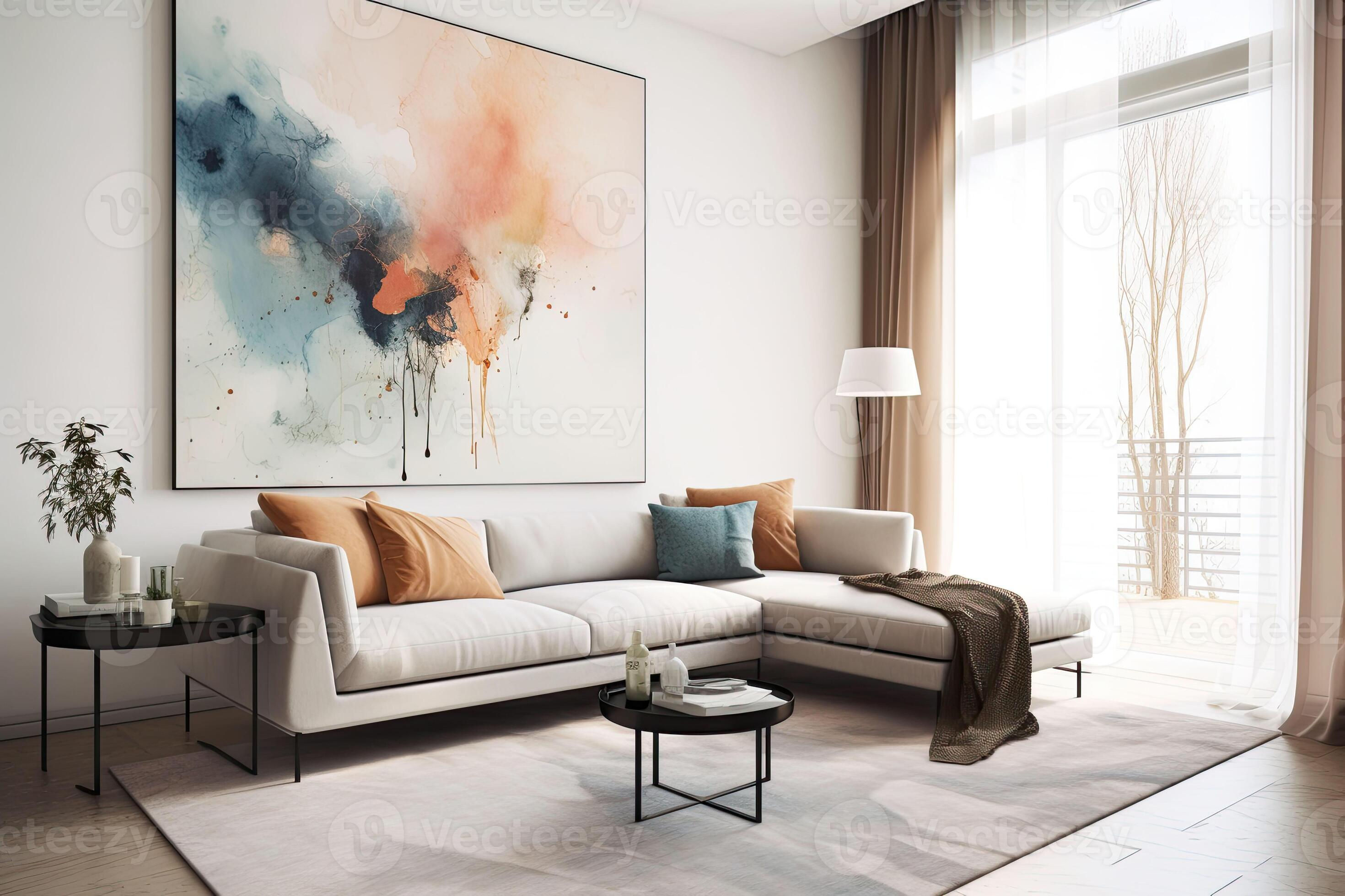 Wallpaper #bh3wLZMBlOZrFDOkqdKx235 A Comfortable Sofa with a Large Abstract Painting on the Wall Behind It
