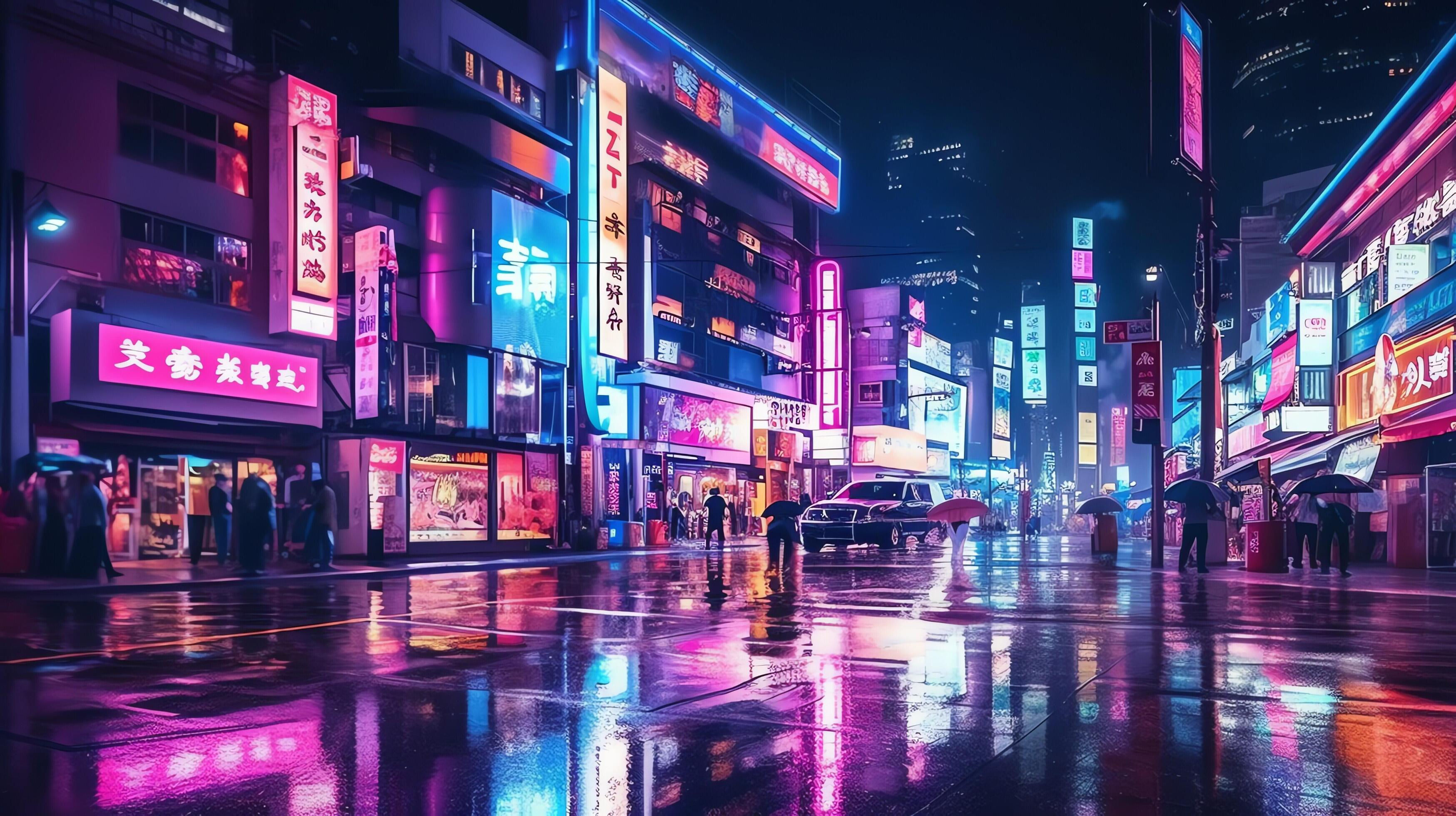 Wallpaper #0upqVpMBlwTYPL18kw-D60 Night Scene of After Rain City in Cyberpunk Style Futuristic Nostalgic