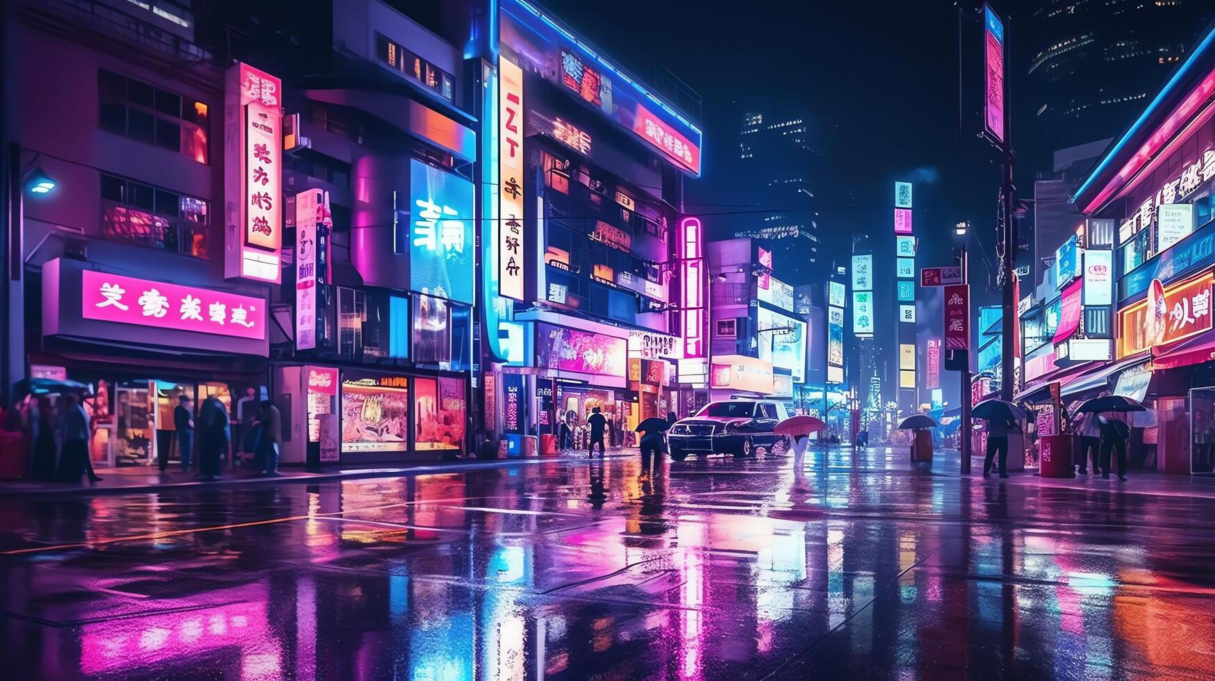 Wallpaper #0upqVpMBlwTYPL18kw-D115 Night Scene of After Rain City in Cyberpunk Style Futuristic Nostalgic
