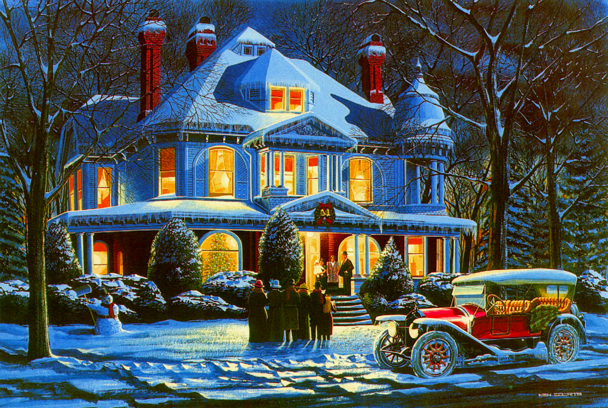 Wallpaper #c6067 Download Flower Tree Car House Retro Vintage Artistic Painting HD Wallpaper