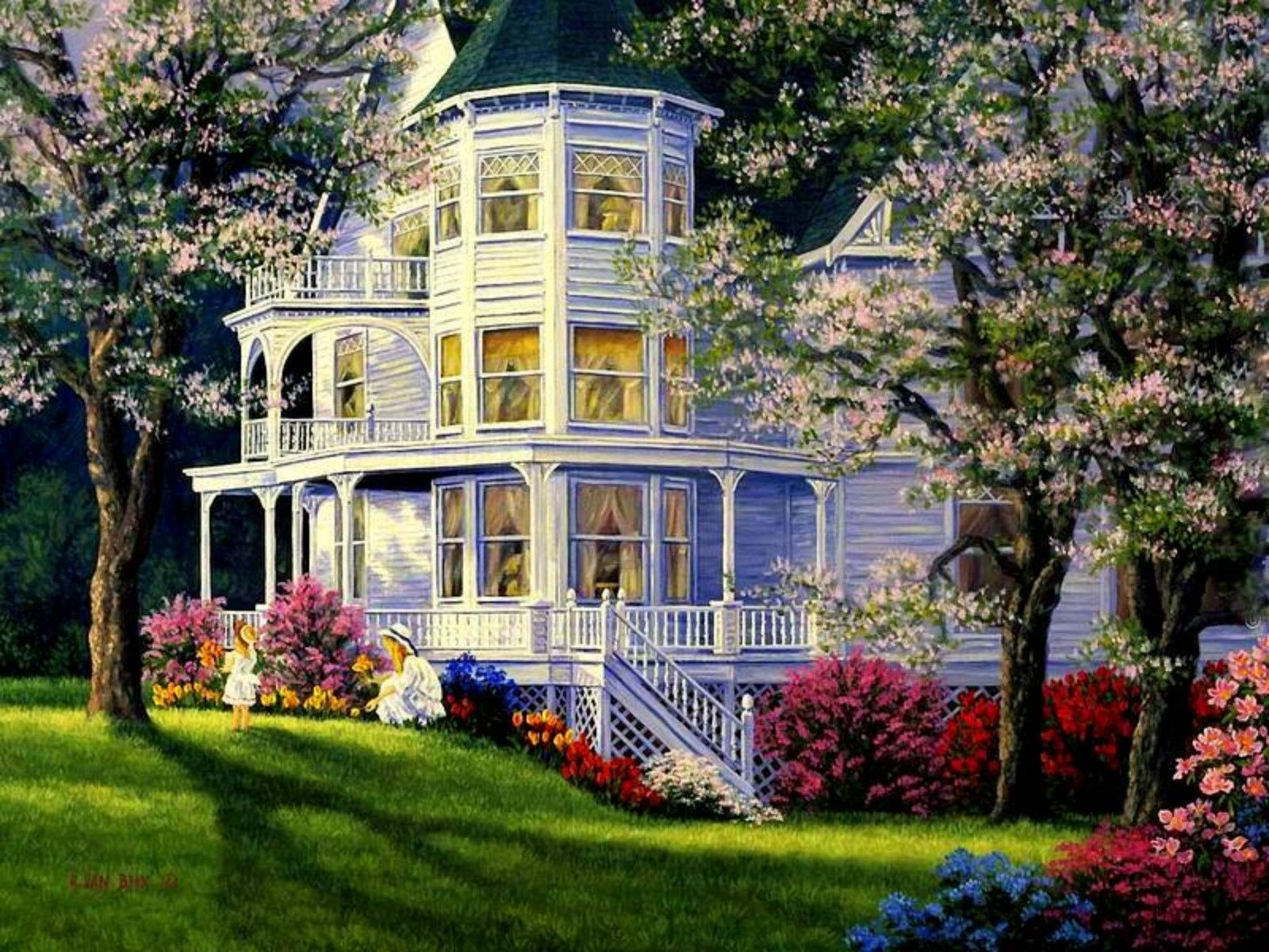 Wallpaper #c6067 Download Flower Tree Car House Retro Vintage Artistic Painting HD Wallpaper