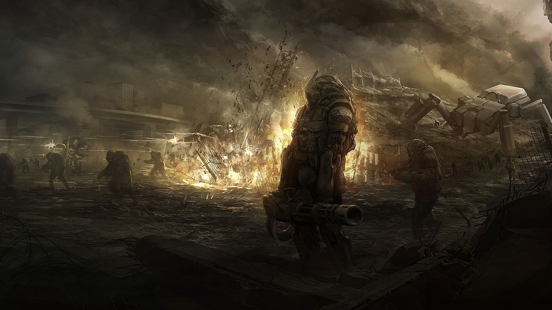 Wallpaper #FTHPNZMB5zzyi_yY1ljw163 1920x1080 Explosion Battle Robot Art Fire Ruins Soldiers