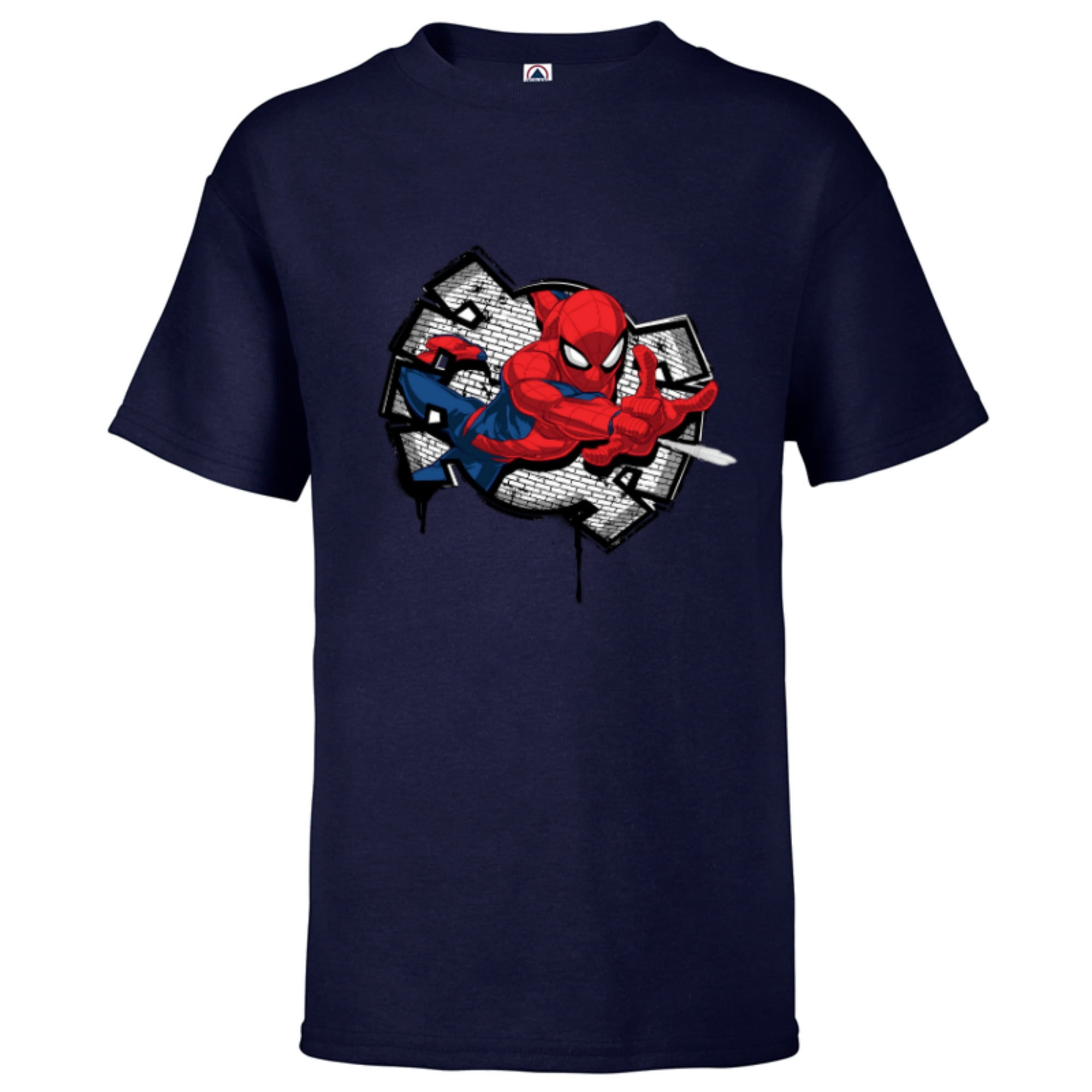Wallpaper #0mdy_pIBSpphPi3-M59t253 Marvel Spider Man Spider Symbol Street Art Thwipp Short Sleeve T