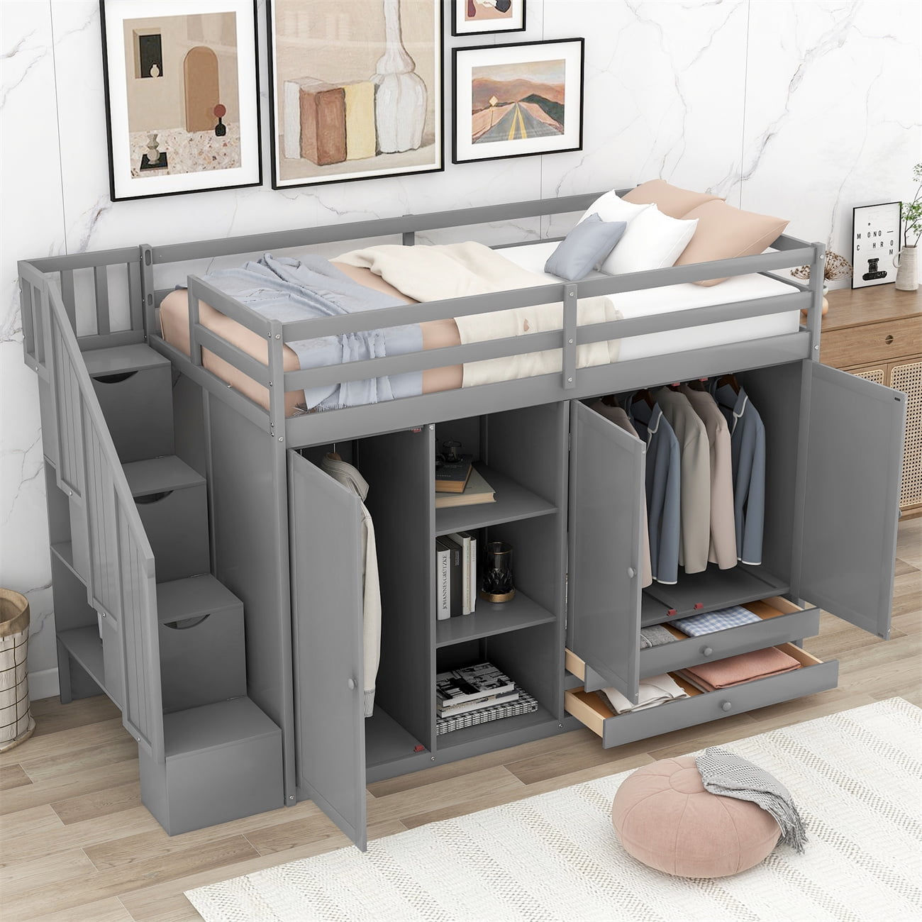 Wallpaper #AOoGVpMBlwTYPL18Zg8n248 Twin Size Loft Bed with 2 Wardrobes and 2 Drawers for Kids Teens Bed