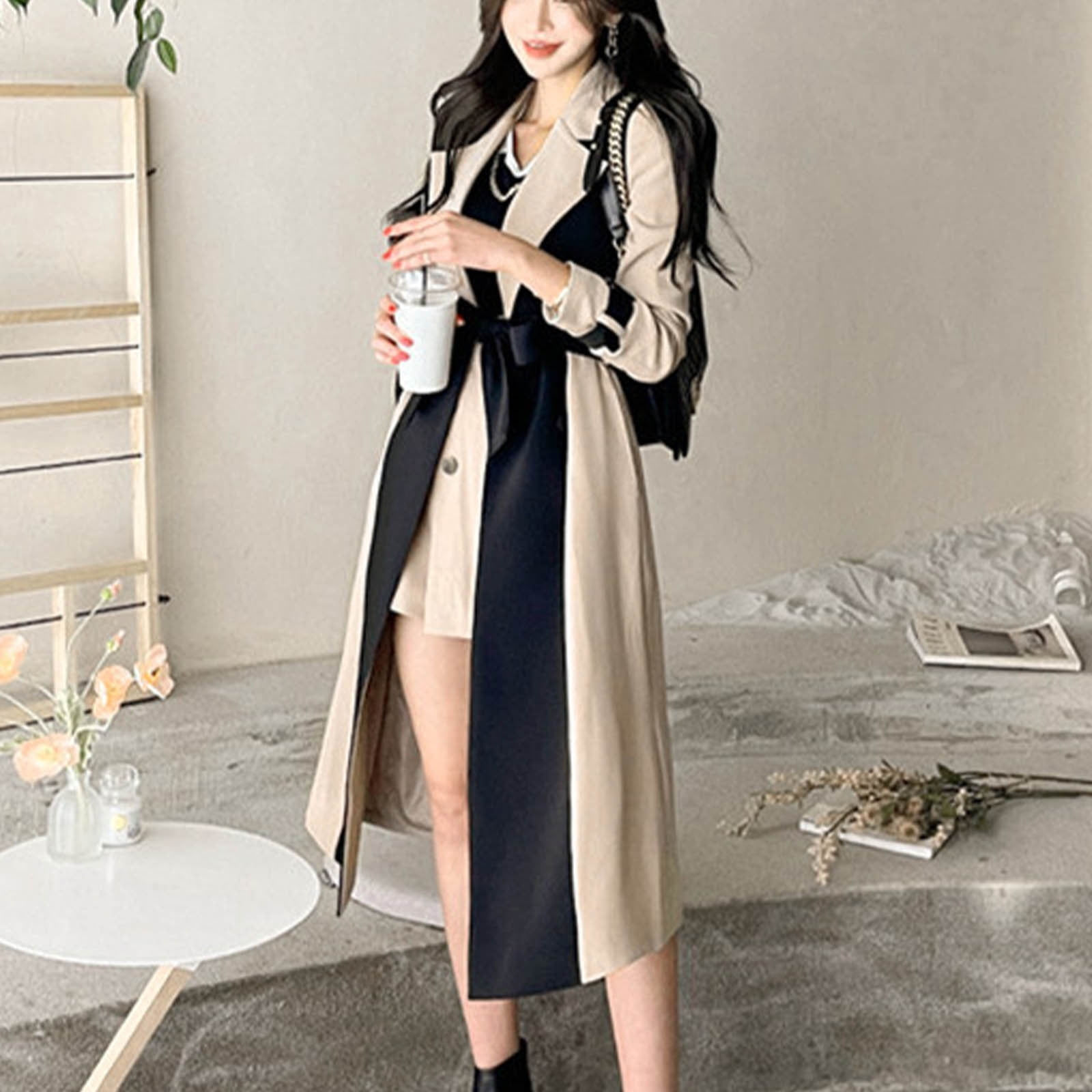 Wallpaper #57iu3JIBJvJKYCmEkfzN335 Wxlwzywl Womens Trench Coat Long Warm Color Block with Belt Notched