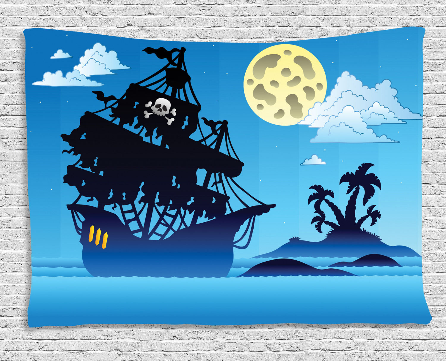 Wallpaper #Lmds-ZIBSpphPi3-8I34153 Vintage Boat Tapestry Pirate Ship Moonlight Skull Flag Scary Island