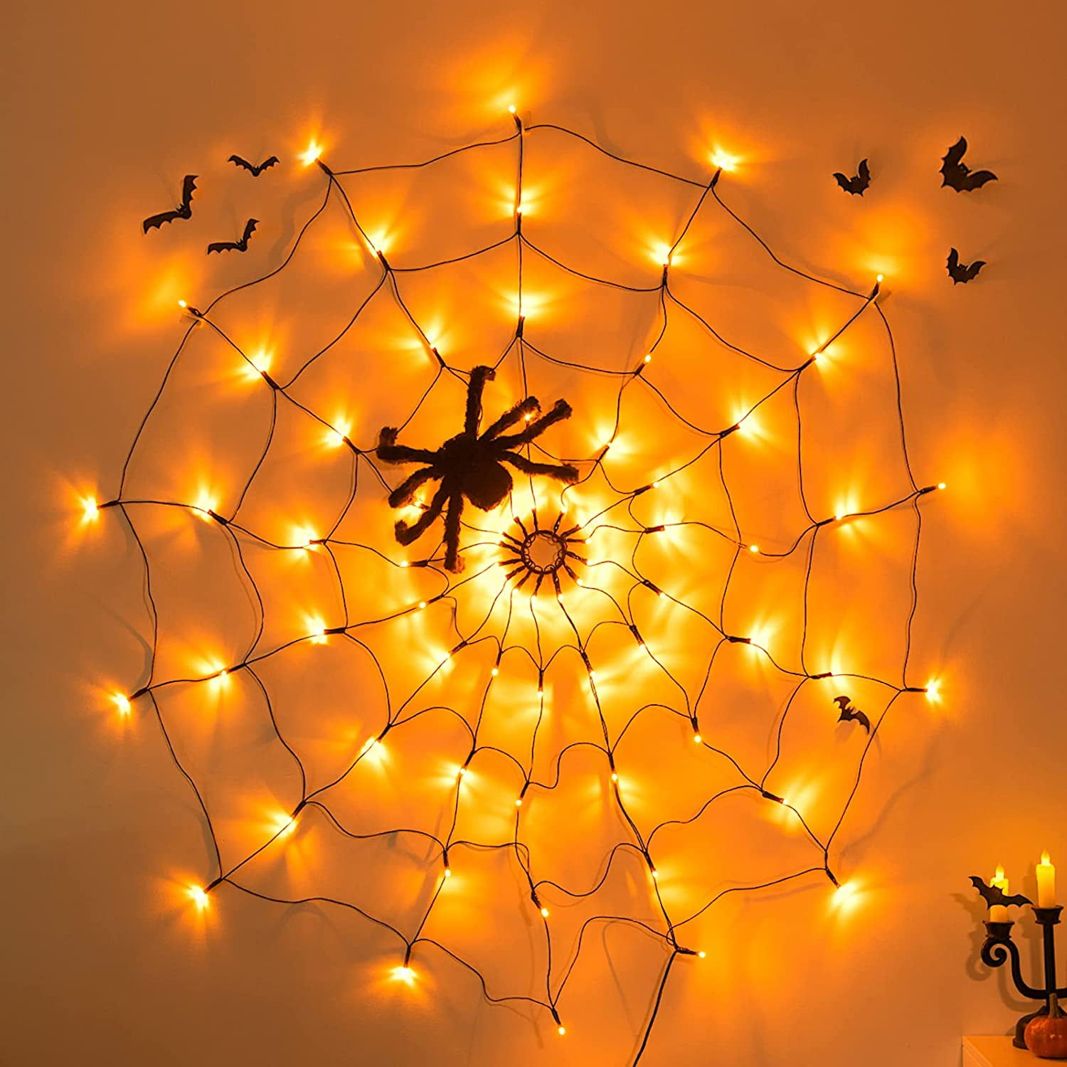 Wallpaper #zpwf4pIBZHQxiYarj74D3 4ft 3 Modes Halloween Spider Web Lights Decorations 80 Leds Orange
