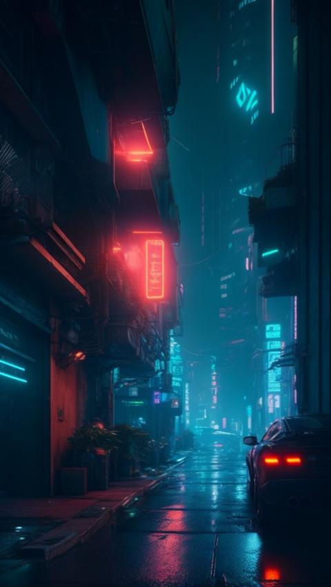 Wallpaper #v5yx4ZIBZHQxiYar0bzY229 AI Generated Aesthetic Cyberpunk Style City Street at Night Wallpaper