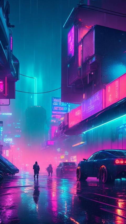 Wallpaper #v5yx4ZIBZHQxiYar0bzY147 AI Generated Aesthetic Cyberpunk Style City Street at Night Wallpaper