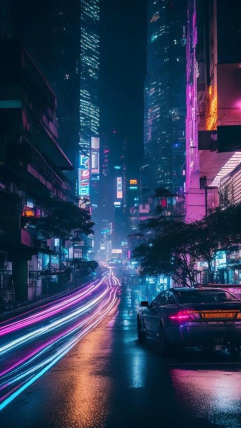 Wallpaper #v5yx4ZIBZHQxiYar0bzY180 AI Generated Aesthetic Cyberpunk Style City Street at Night Wallpaper