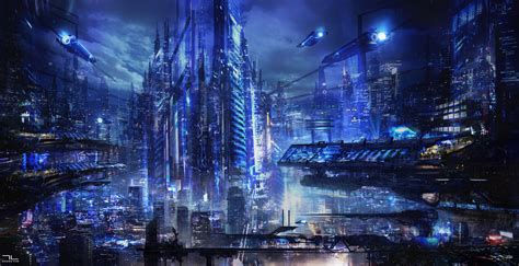 Wallpaper #b3MUf44BFI5NbQksqRec4 A Futuristic Cityscape with Flying Cars and Blue Neon Lights