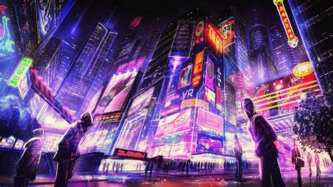 Wallpaper #b3MUf44BFI5NbQksqRec7 A Digital Painting of a Cyberpunk City Street with People Walking Around