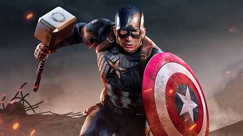 Wallpaper #YnP0fo4BFI5NbQksIxfN92 Captain America Wielding Thor's Hammer in the Final Battle Against Thanos