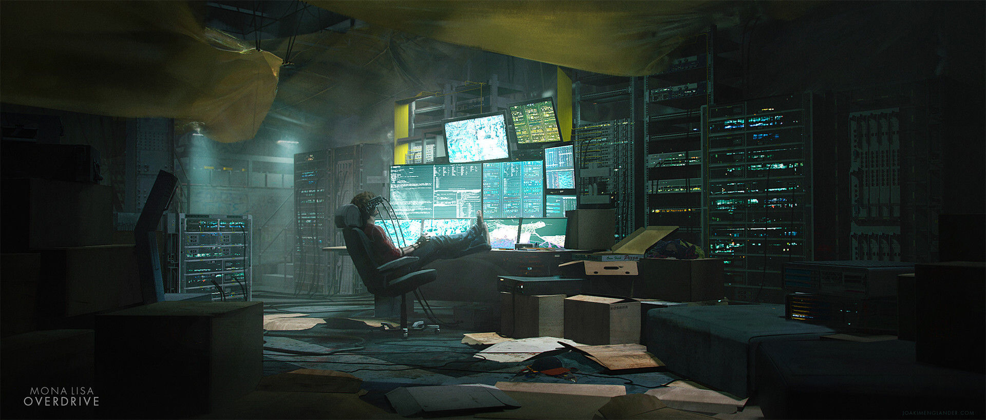 Wallpaper #93MKgI4BFI5NbQkshxev22 A Hacker in a Dark Room Surrounded by Computers and Data