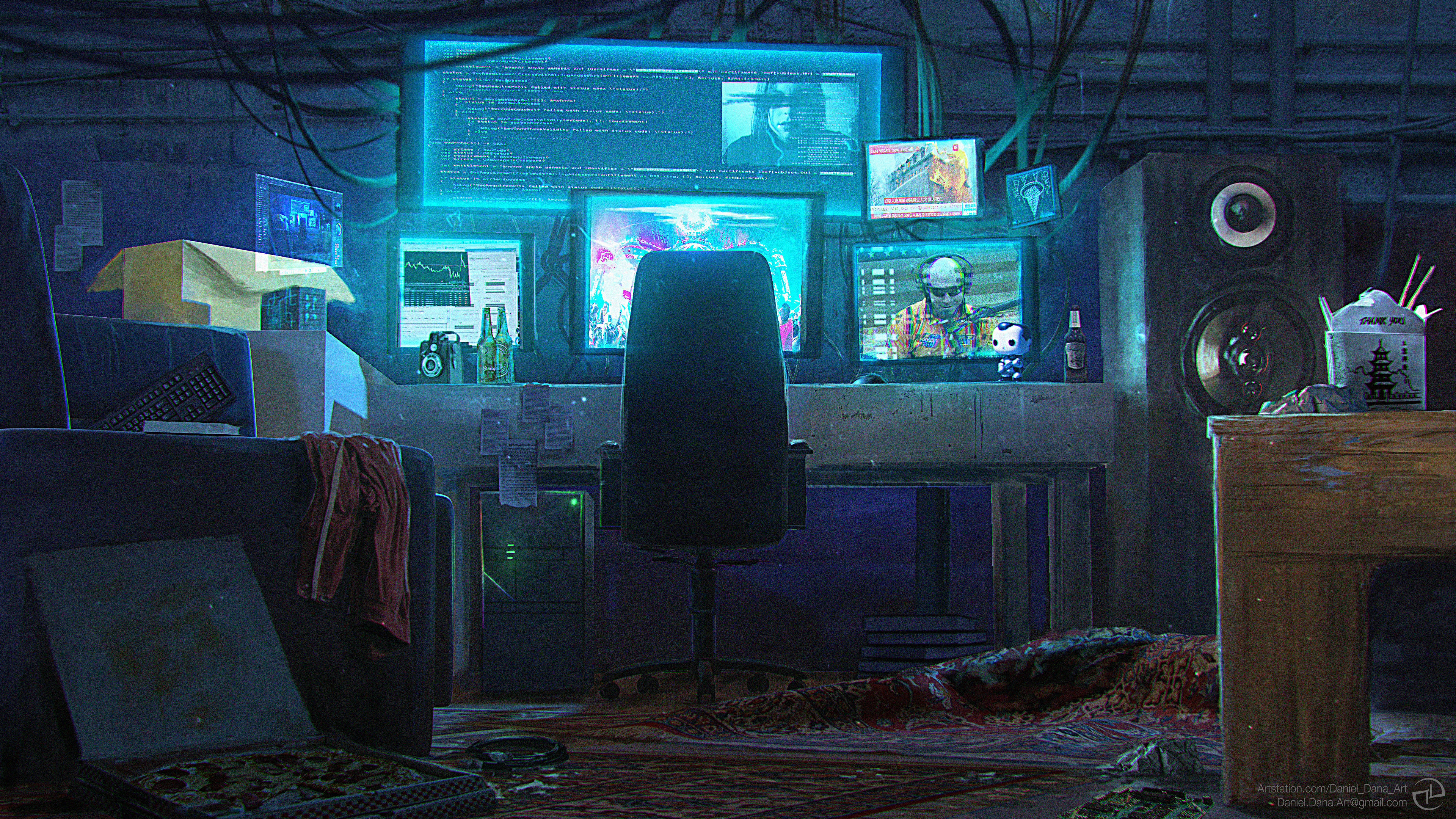 Wallpaper #93MKgI4BFI5NbQkshxev9 A Hacker's Den with Multiple Monitors, a Computer, and Other Equipment