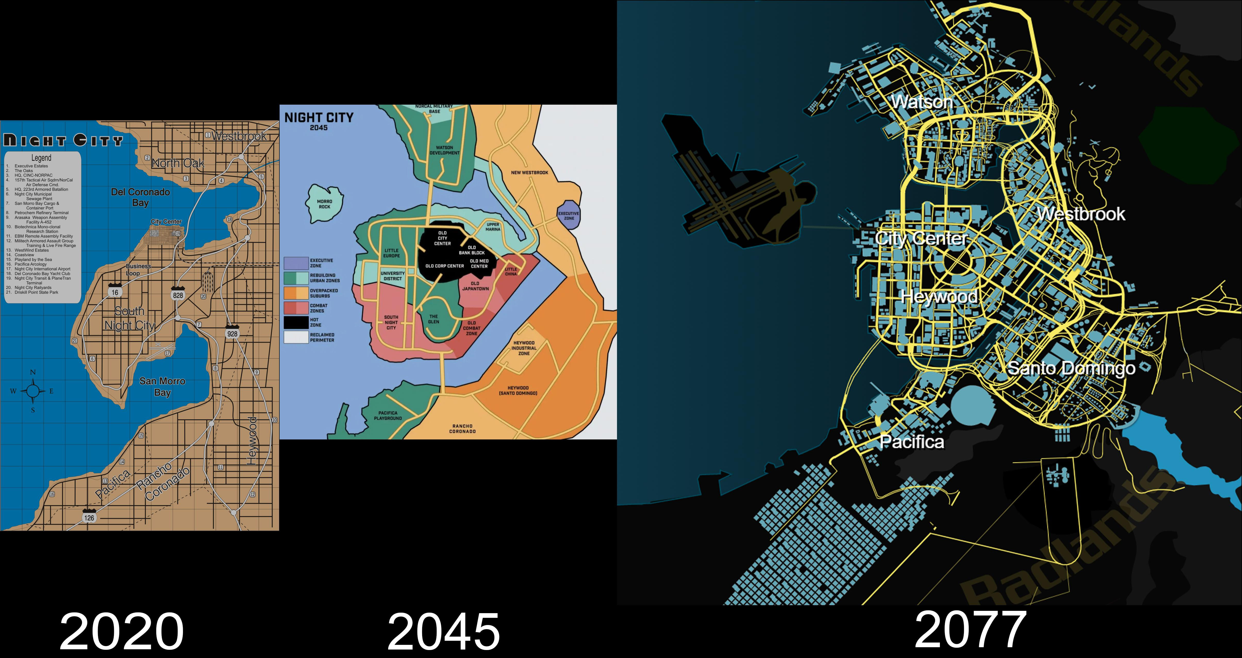 Wallpaper #oxo1T5MB1yWOL4qgm37V349 Night City 2020 2045 and 2077 Maps Side by Side Comparison R