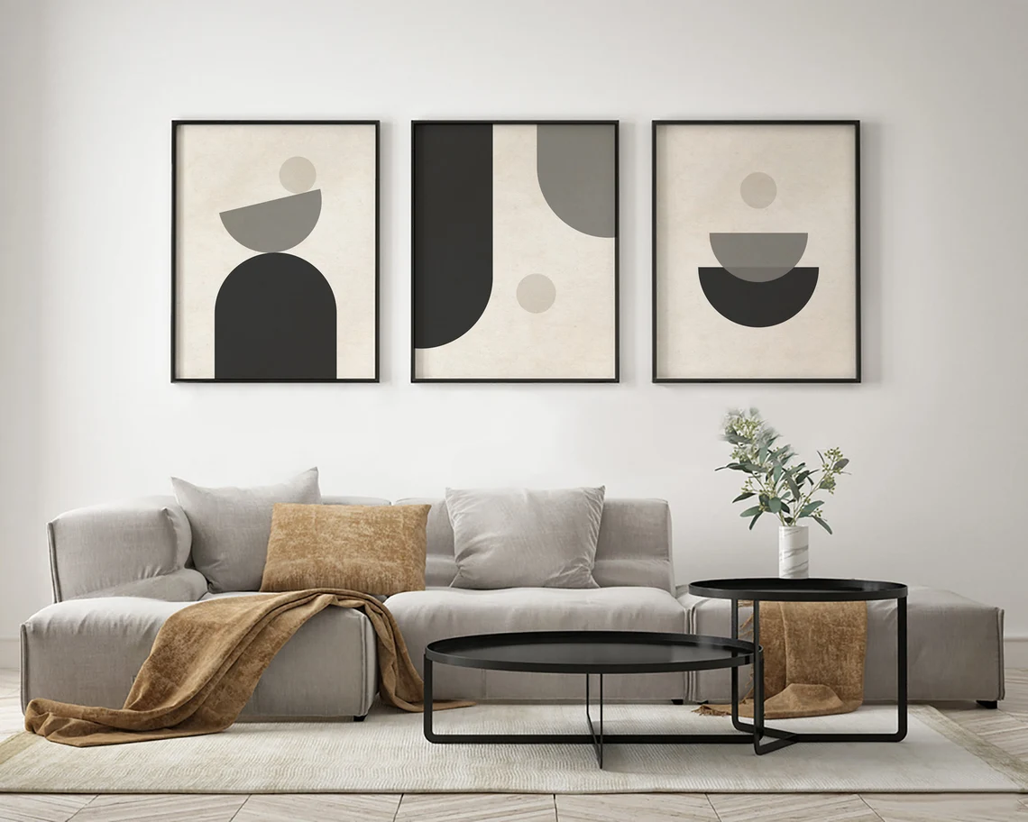 Wallpaper #rztWcJcBSWmA-tzpc4_491 Set of 3 Mid Century Modern Wall Art Neutral Abstract Geometric Blac