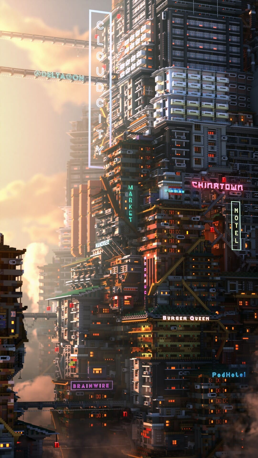 Wallpaper #W33Q744Bnwiau_P6ZAU011 Incredibly Detailed Cyberpunk Cityscape Built in Minecraft