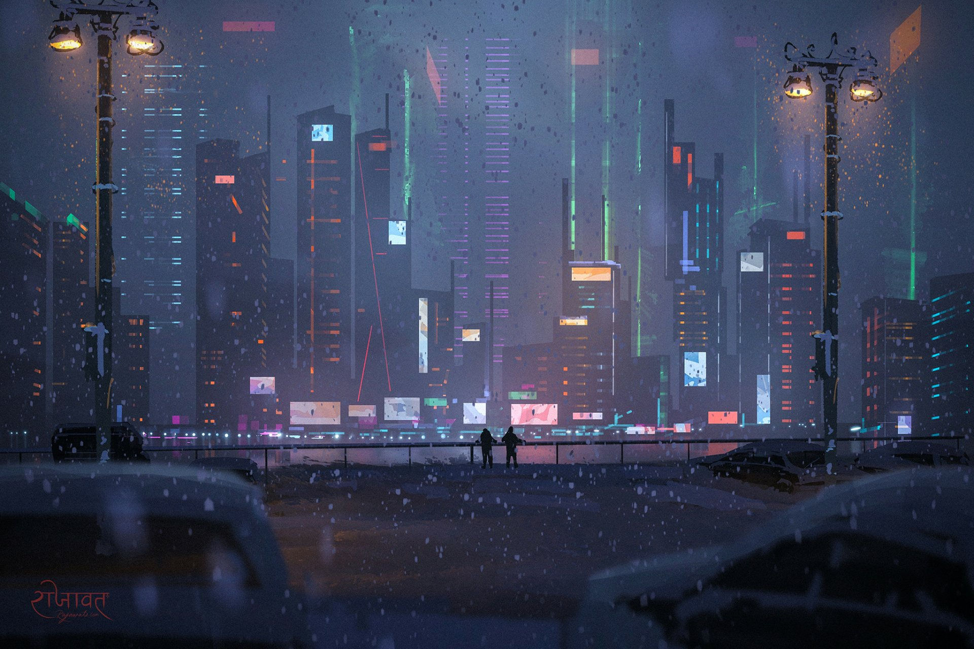 Wallpaper #4kX0qY4B7YBJg1BVW6ci25 Cyberpunk City on a Snowy Night by Surendra Rajawat
