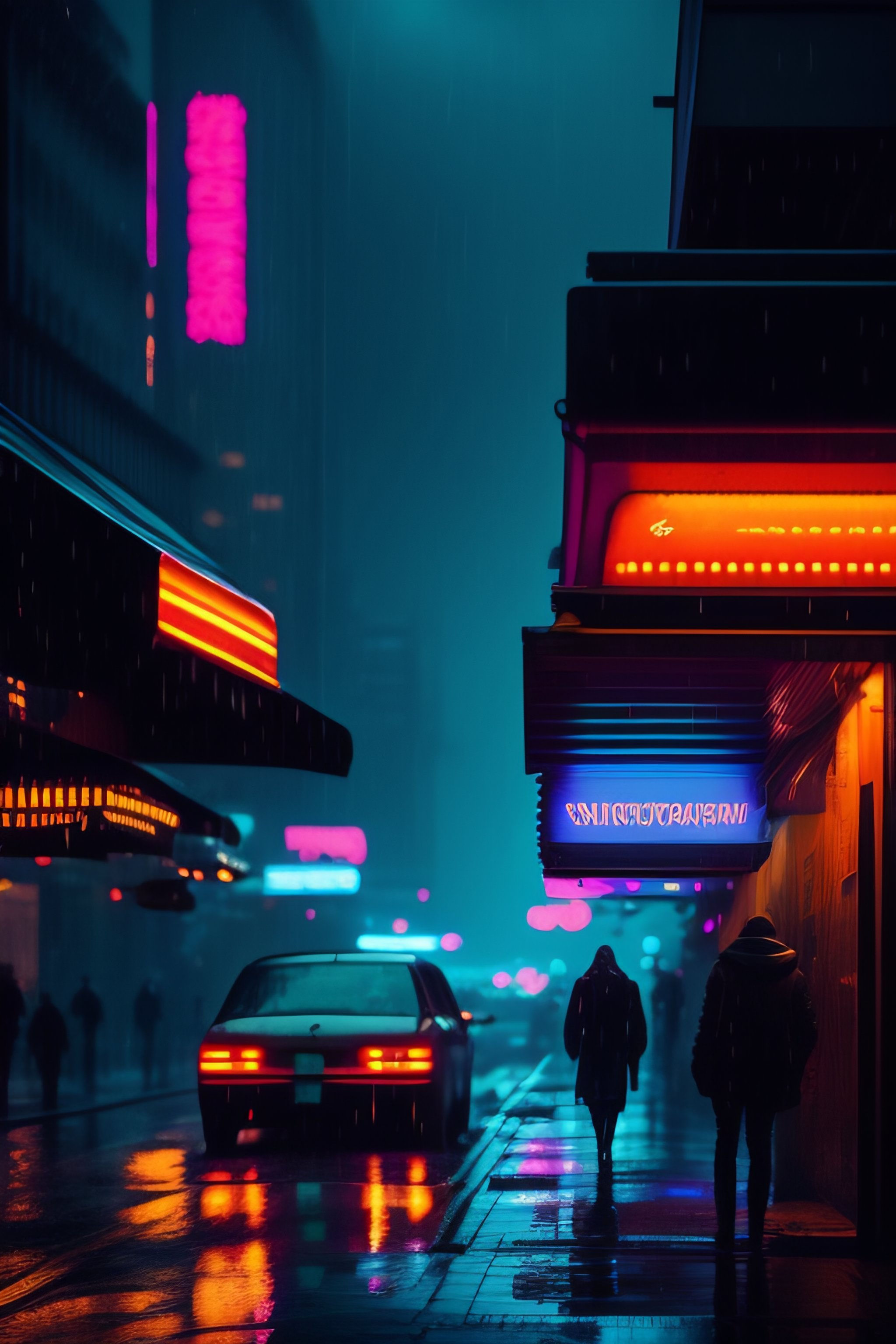 Wallpaper #0GgmGJMBSpphPi3-_xE1110 Lexica Cyberpunk Street Scene Raining Nighttime with Neon Signs