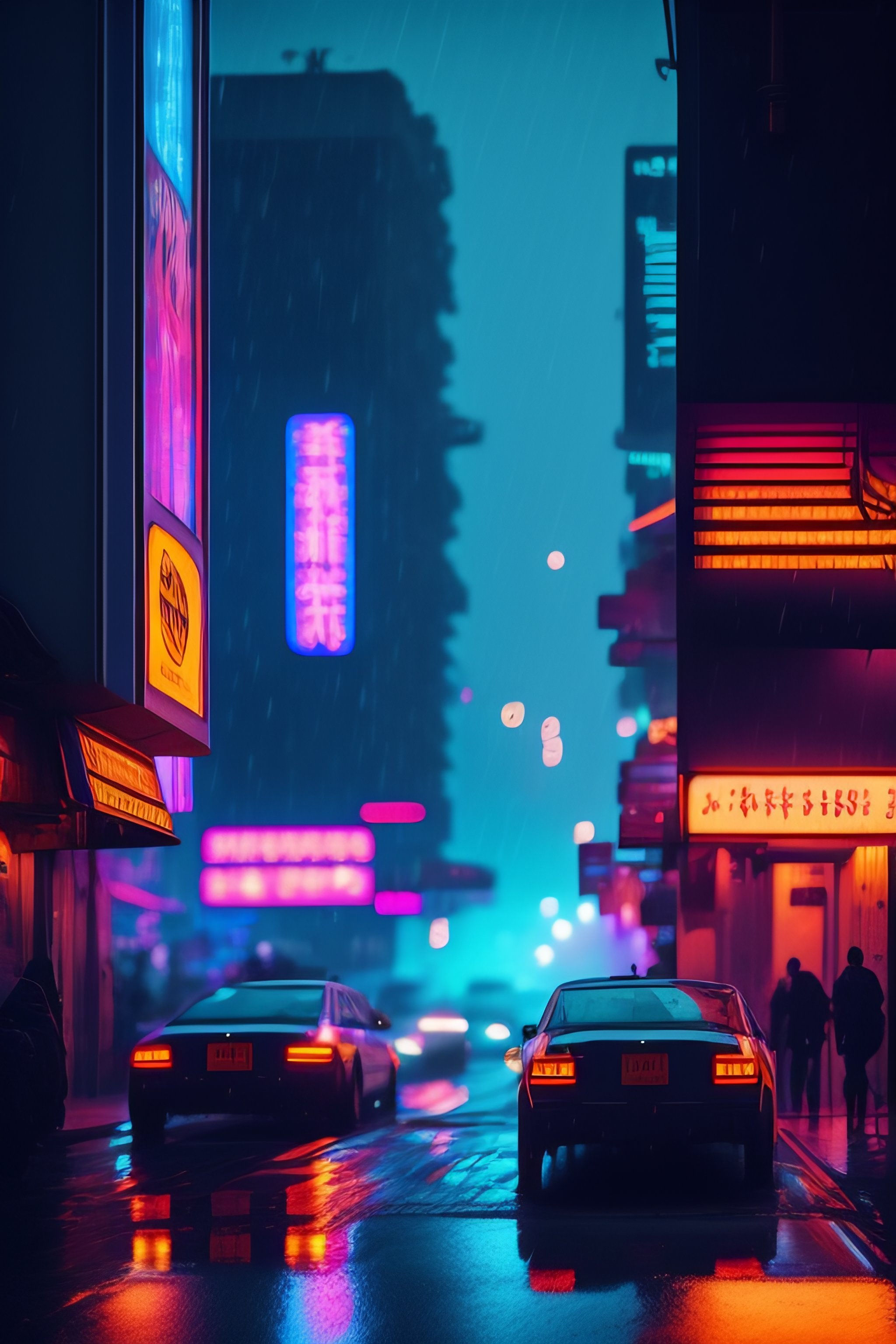 Wallpaper #0GgmGJMBSpphPi3-_xE1103 Lexica Cyberpunk Street Scene Raining Nighttime with Neon Signs