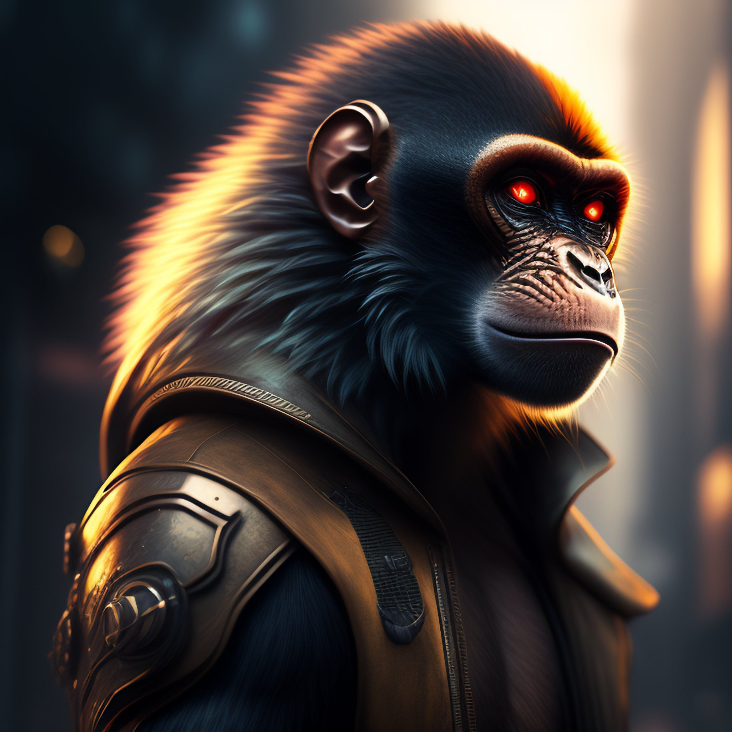 Wallpaper #SLhR2ZIBJvJKYCmEiexE296 Lexica Monkey Cyberpunk Cyborg Side Portrait Realistic Animal Half