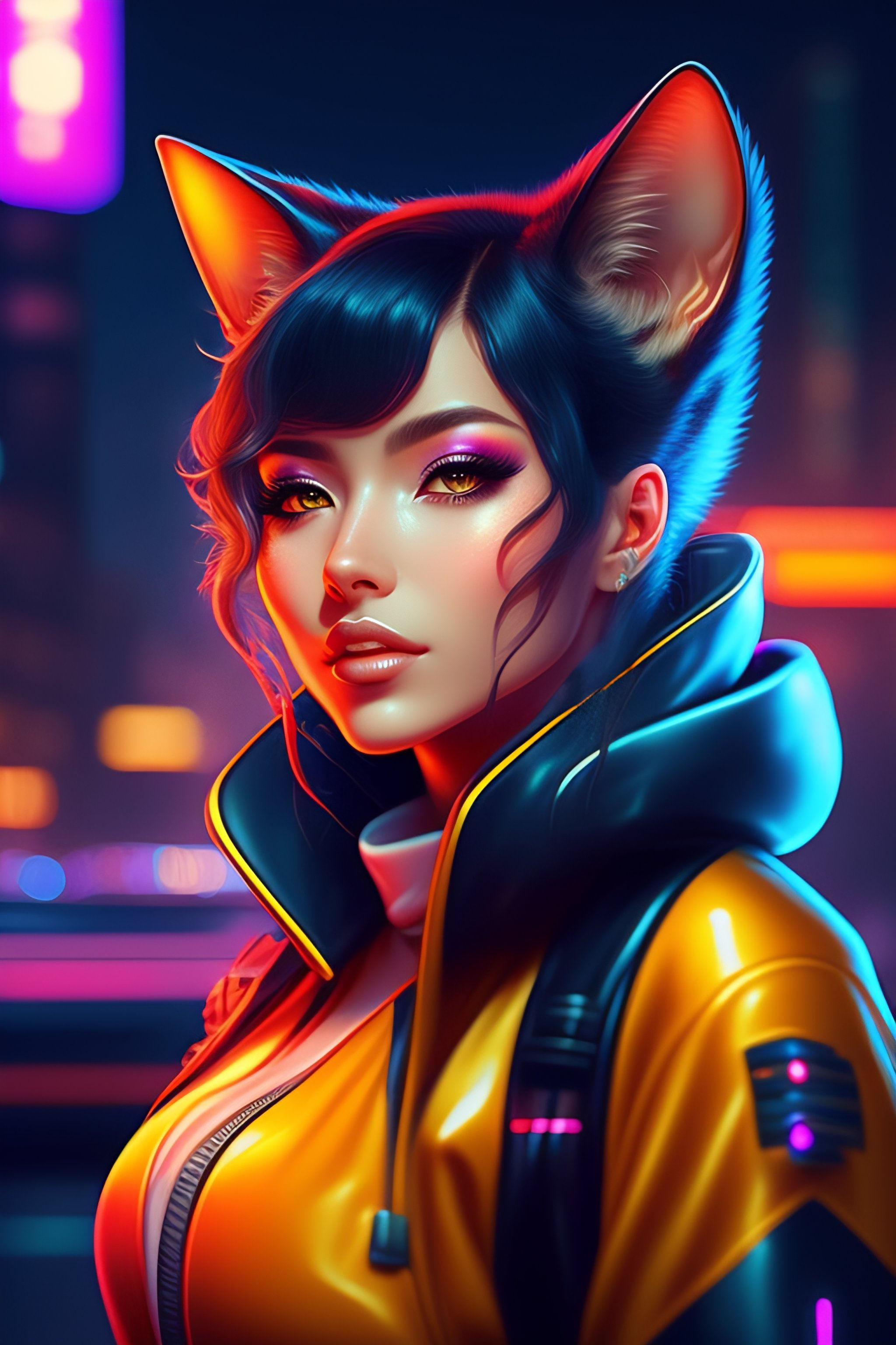 Wallpaper #F6UfMpMB0vj5YdARvNNx94 Lexica Portrait of a Cute Cyberpunk Cat Girl in a Retro Future