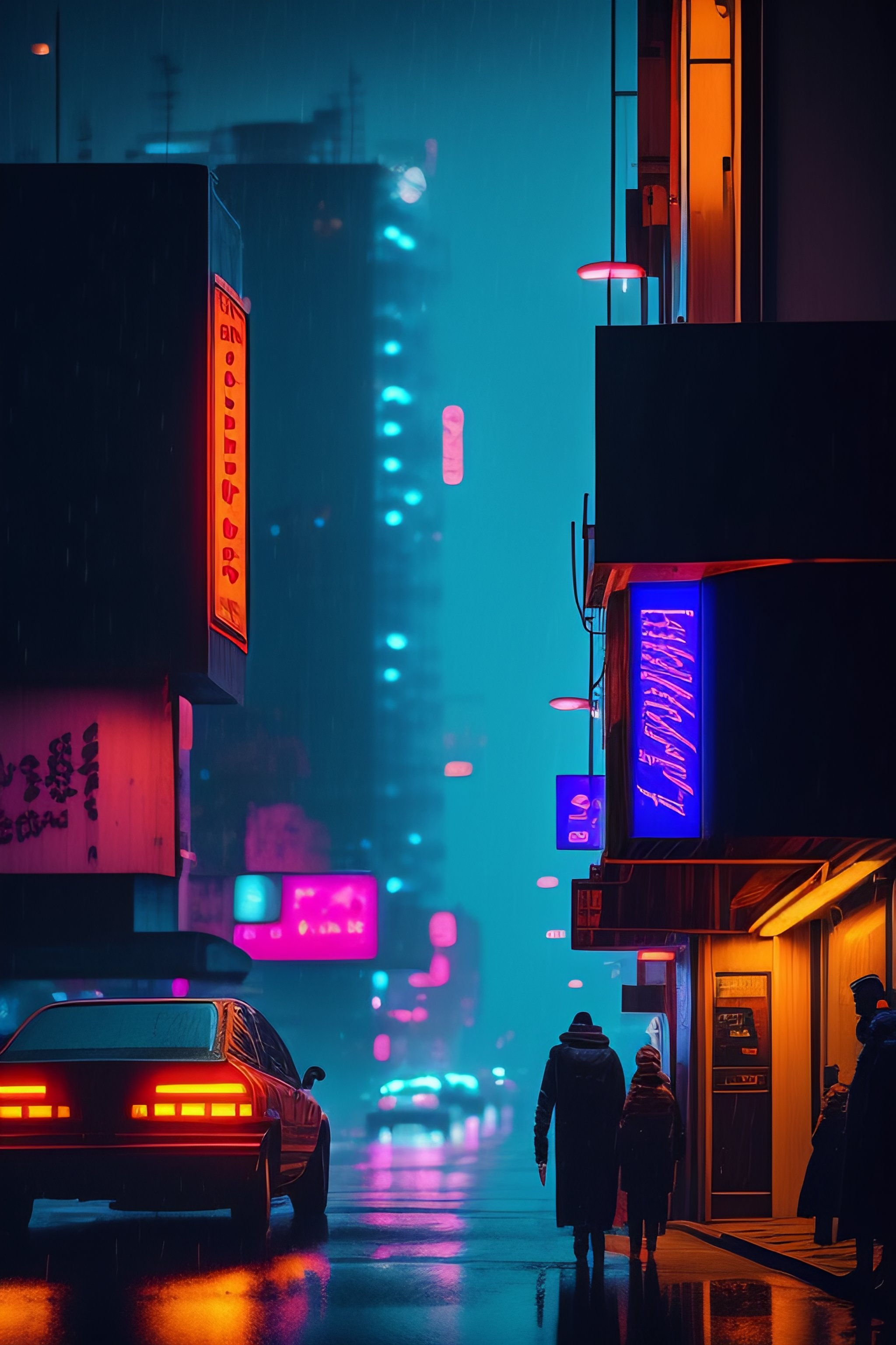 Wallpaper #0GgmGJMBSpphPi3-_xE1111 Lexica Cyberpunk Street Scene Raining Nighttime with Neon Signs