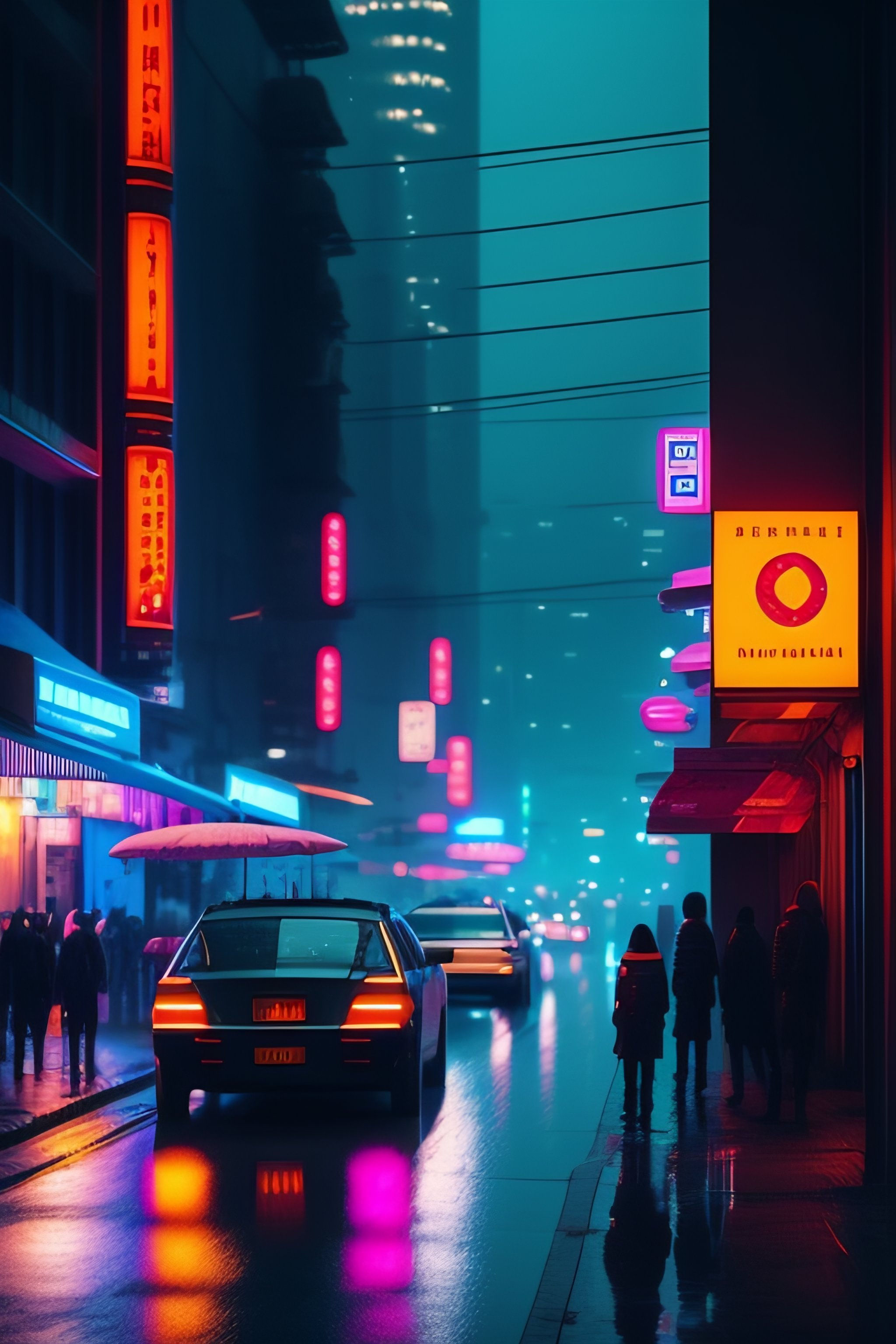 Wallpaper #0GgmGJMBSpphPi3-_xE184 Lexica Cyberpunk Street Scene Raining Night Time with Neon Signs a