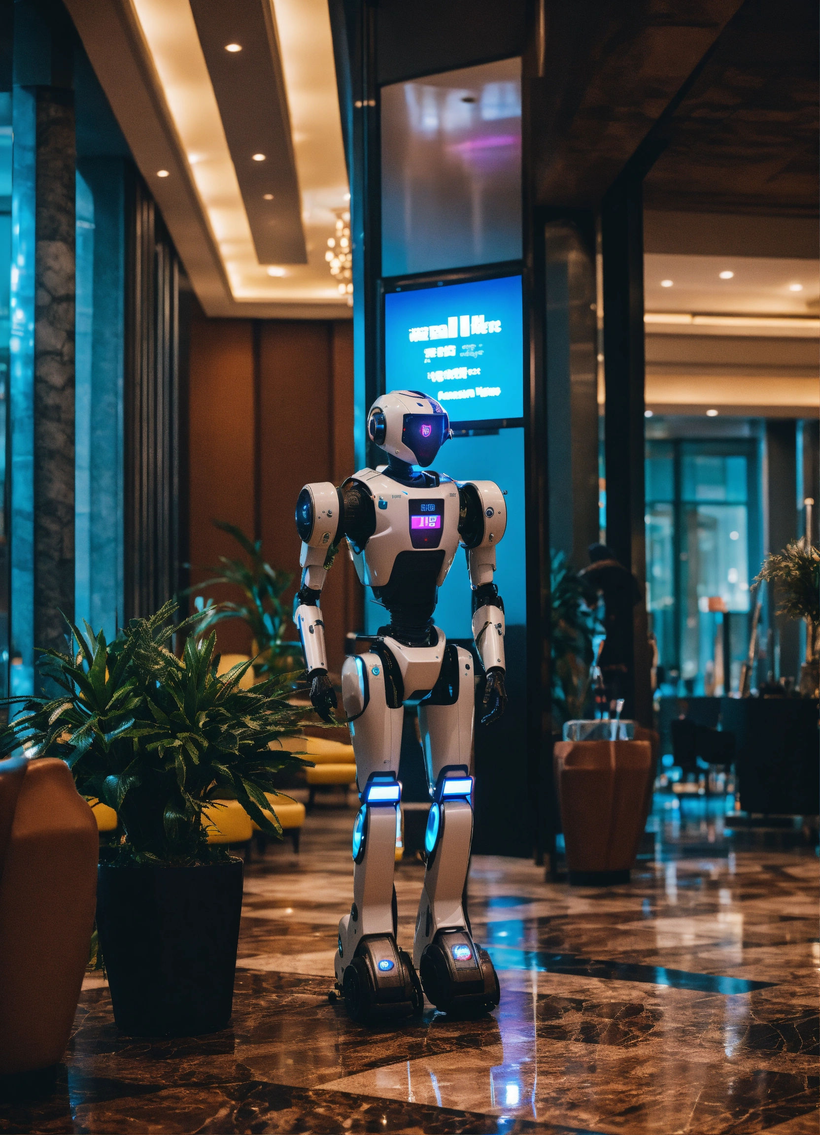 Wallpaper #ZK7JM5MBayWjSq6HCRyL191 Lexica Cyberpunk Security Robot in a Hotel Lobby