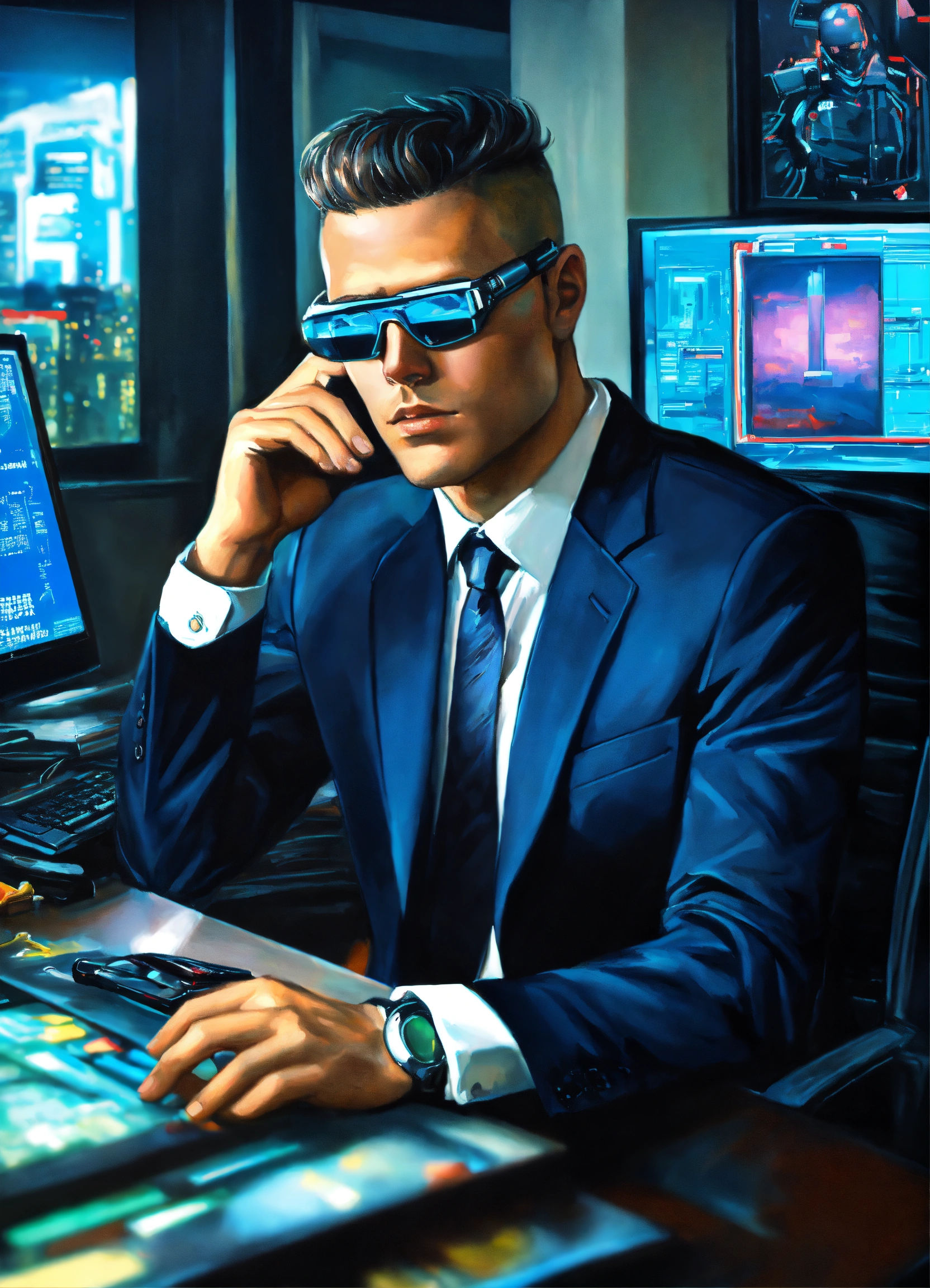 Wallpaper #2cYNM5MBVgN6TXj6_Hdd80 Lexica High Tech Cyberpunk Male Executive in an Office High Tech