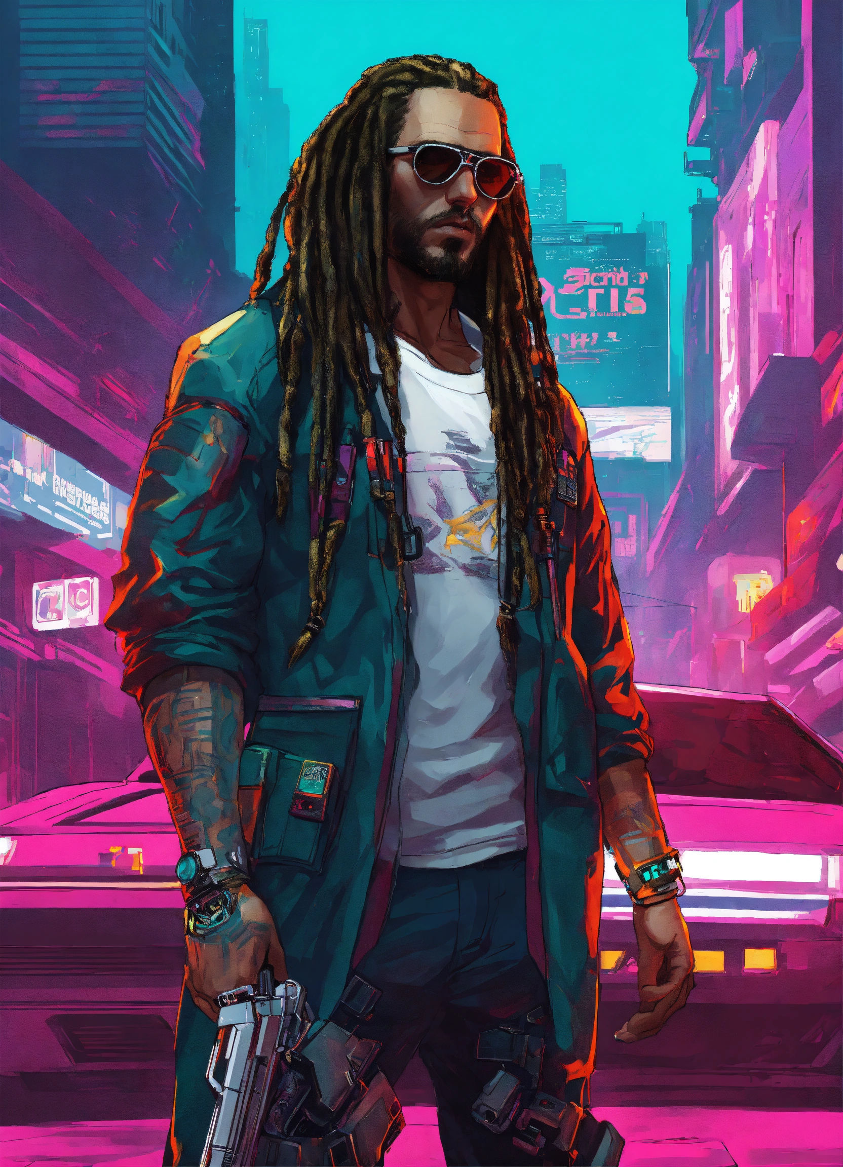 Wallpaper #wMYKM5MBVgN6TXj62nfd115 Lexica Cyberpunk White Man with Dreadlocks with a Cybernetic Arm