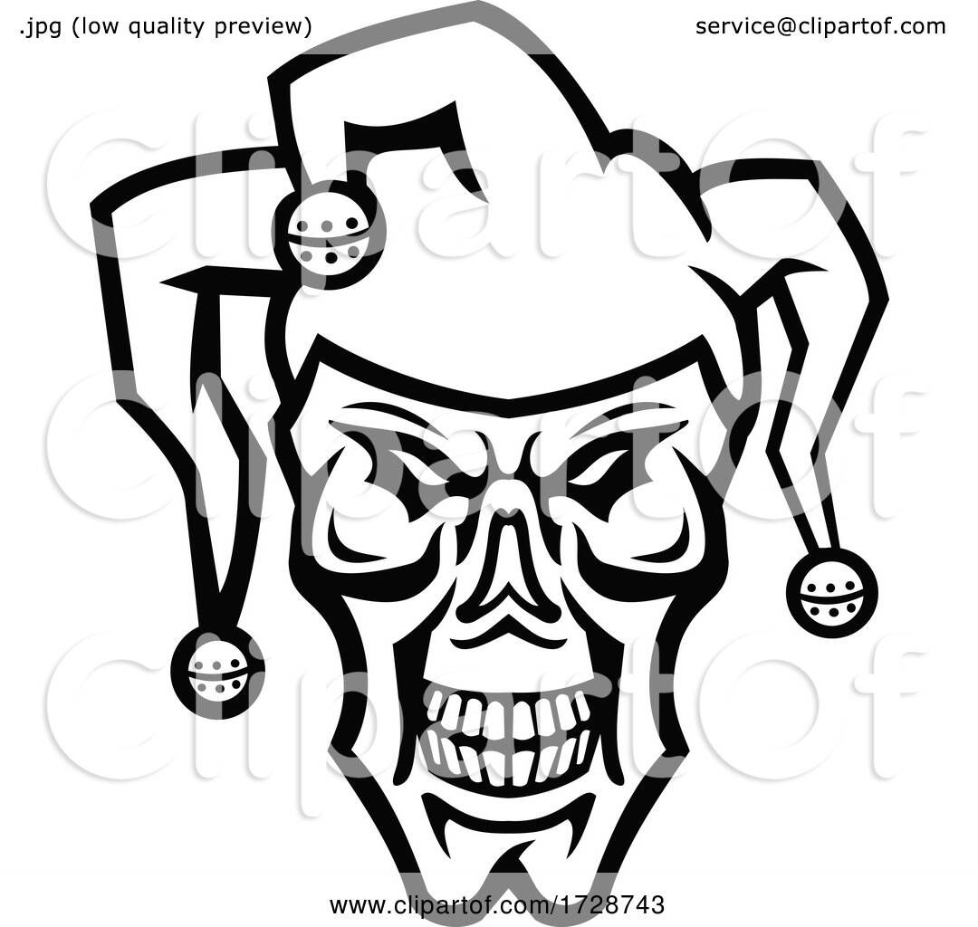 Wallpaper #dwO7YpMBpyOg8YnEENNL189 Head of a Court Jester or Joker Skull Skull Front View Mascot Black and
