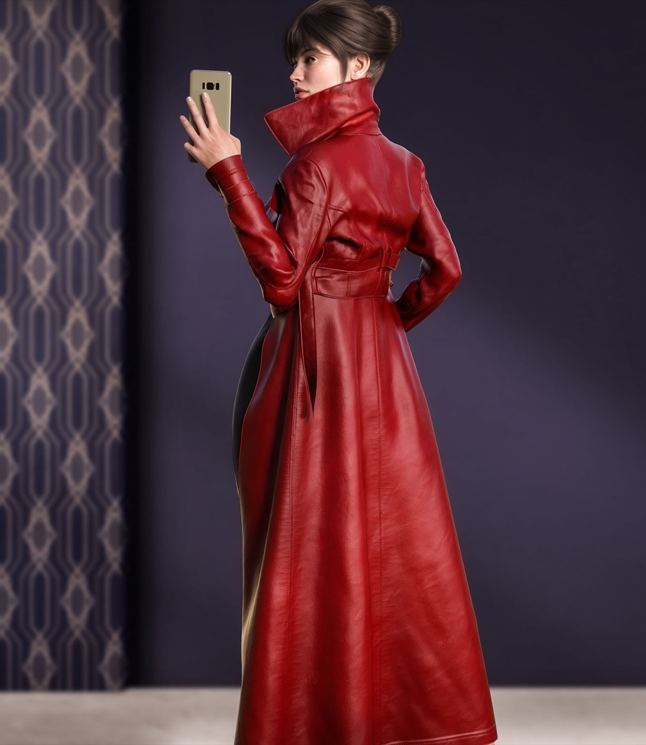Wallpaper #PUXNk44B7YBJg1BVdZ8J41 A Woman in a Red Leather Trench Coat Takes a Selfie