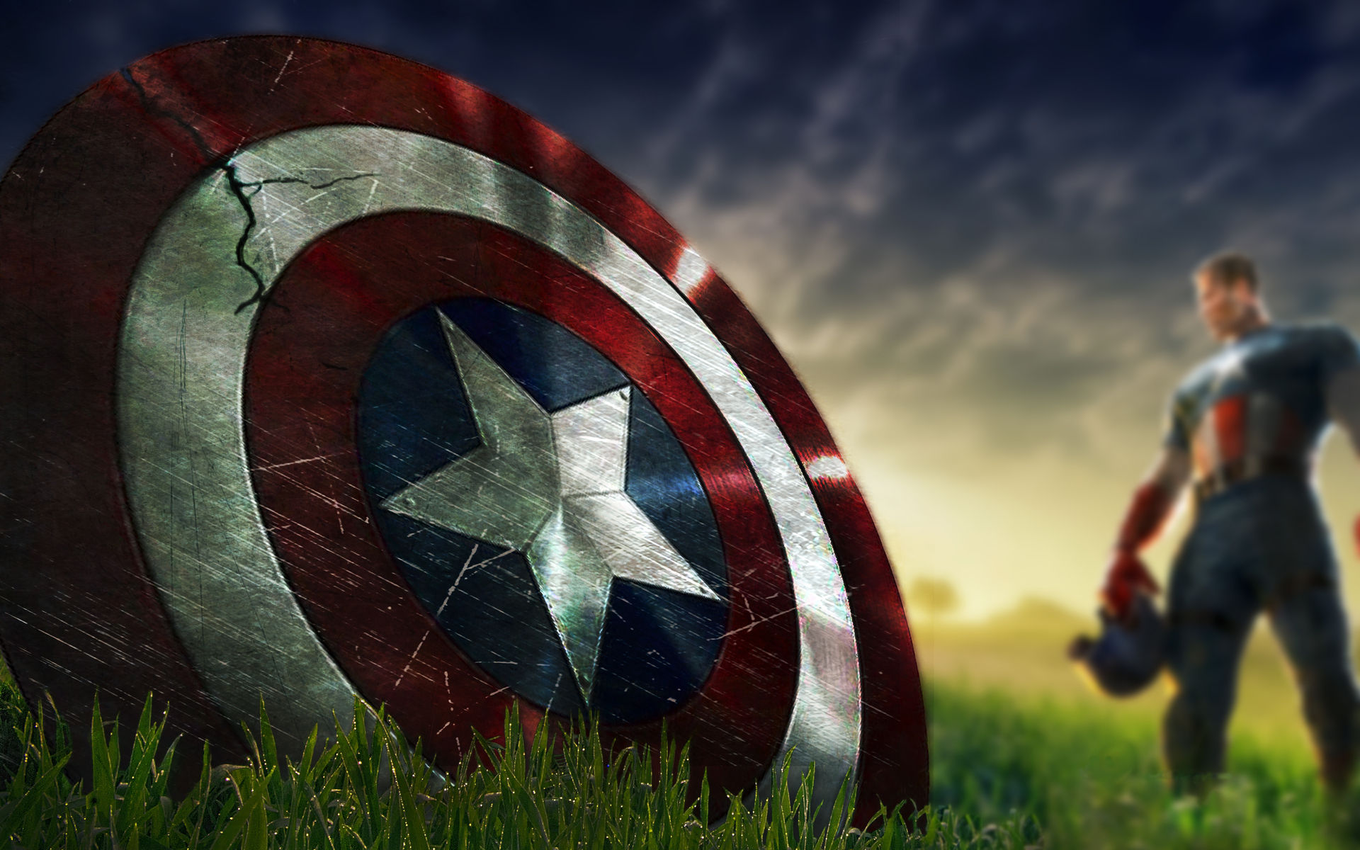 Wallpaper #PXOzgo4BFI5NbQksfhk117 Captain America's Shield Lies in the Grass as He Stands in the Distance