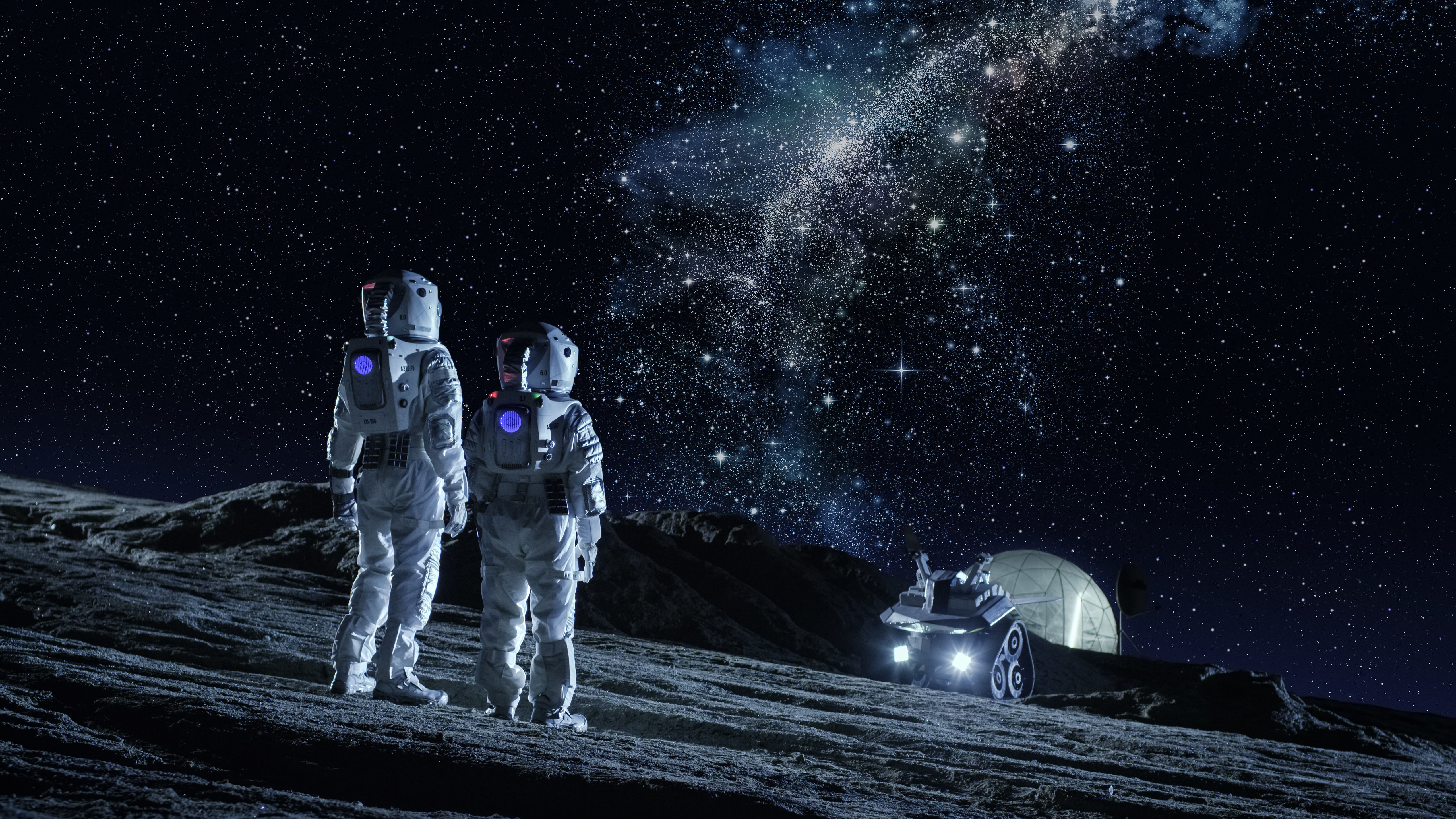 Wallpaper #e2eE_JIBSpphPi3-ZZiW164 Two Astronauts in Space Suits Stand on the Planet and Looking at the