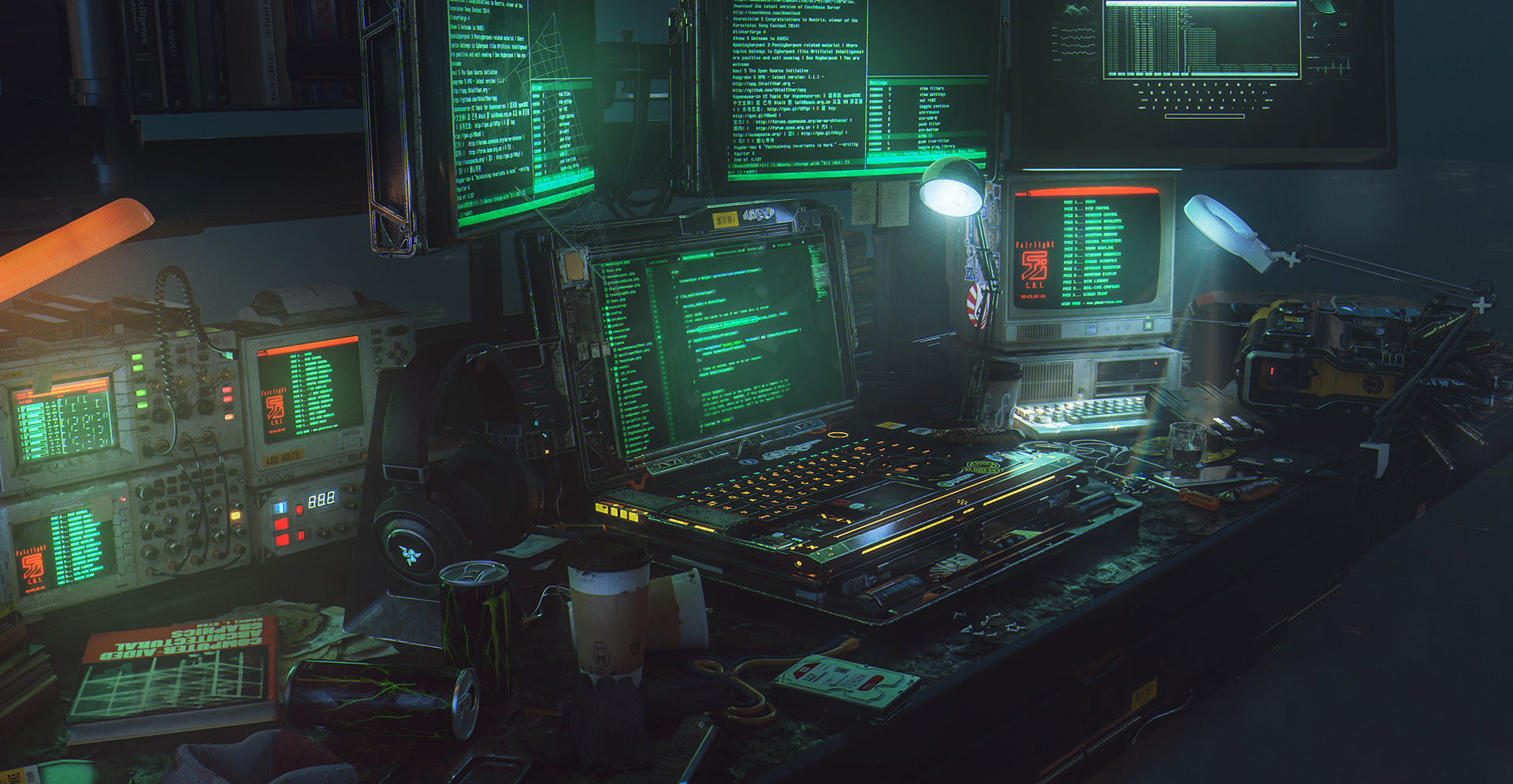 Wallpaper #o4sodJcBcm9NJah-bXV_27 Cyberpunk Desk Laptop Technology Computer Hackers Hacking
