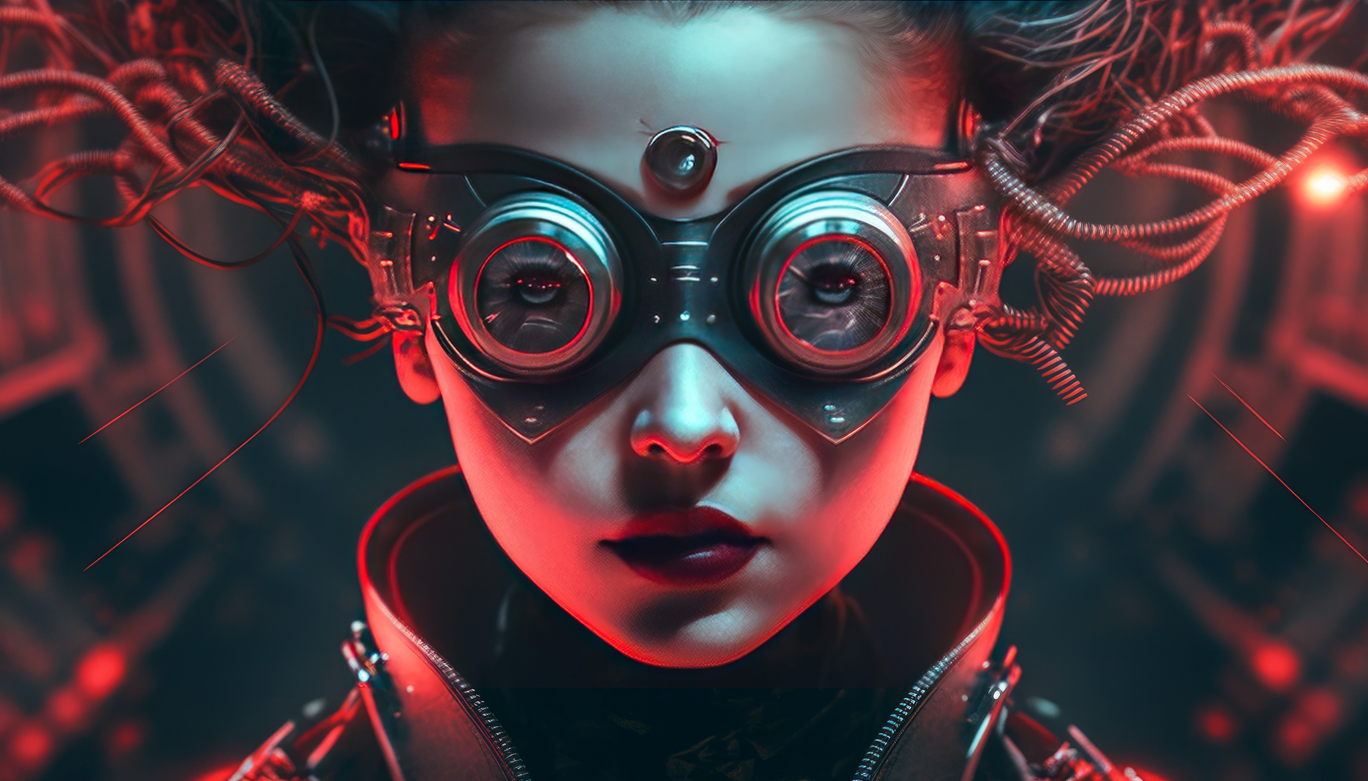 Wallpaper #JkCMMZMBJhL2WPbah8fI334 Women Face AI Art Cyberpunk Glasses Goggles Wires 4579x2616