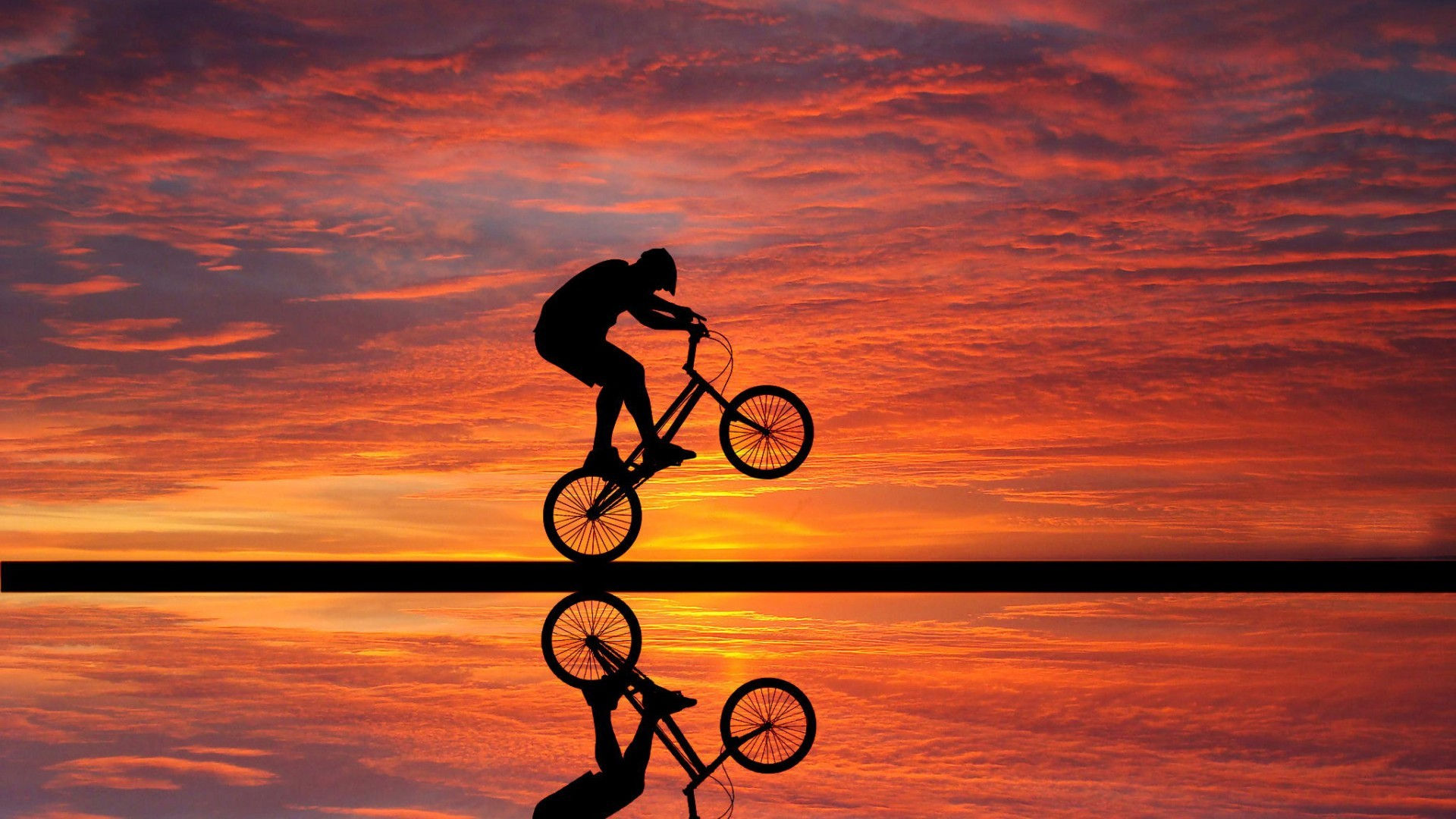 Wallpaper #2hnTEI8BtGB6xQ78Gl9E38 Men Outdoors Bicycle Wheelie Silhouette Mirrored Sunset Bmx Sky