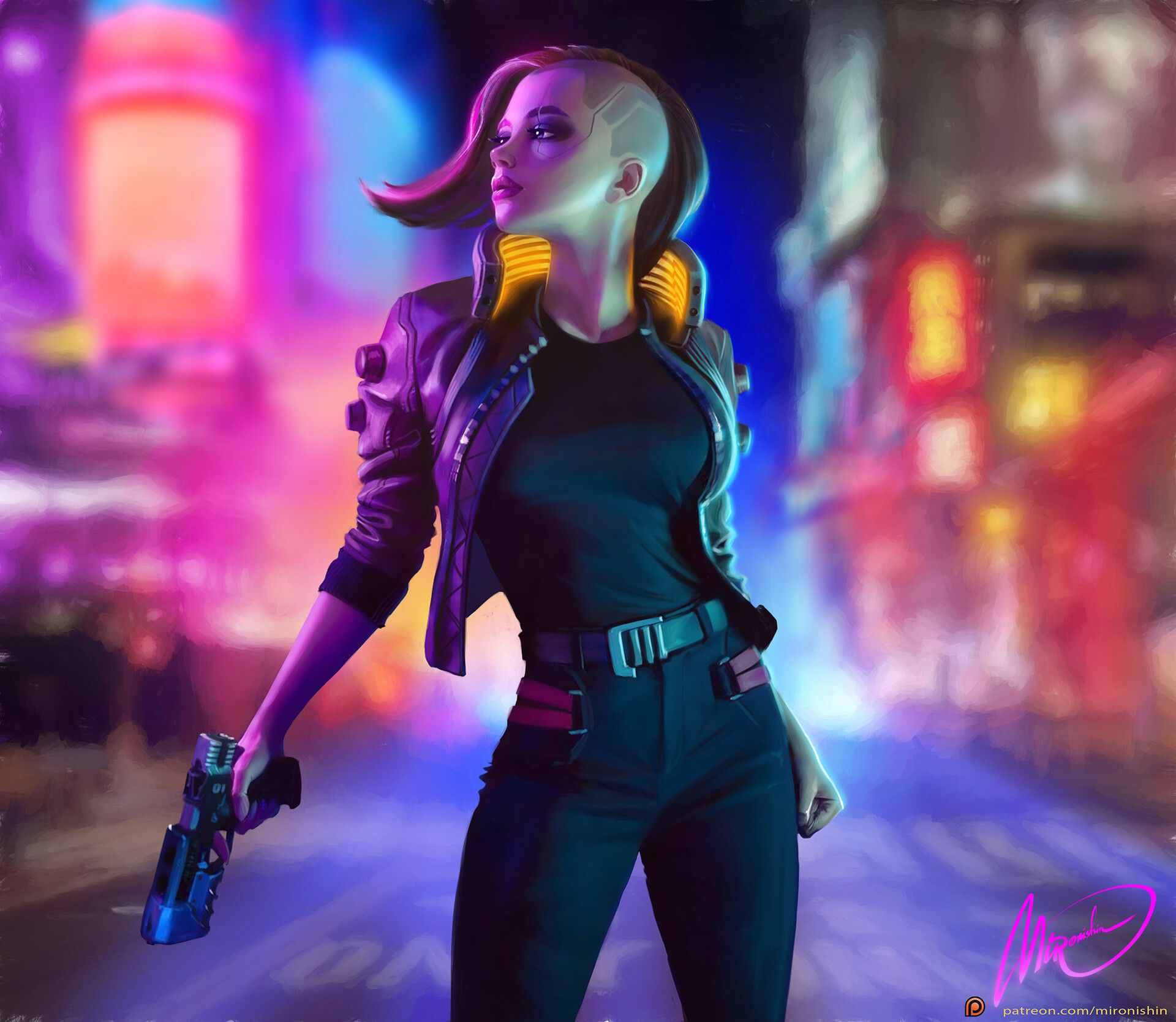 Wallpaper #d31B844Bnwiau_P6HAzh52 Mironishin Story Cyberpunk 2077 Fan Art Video Games Pistol Neon