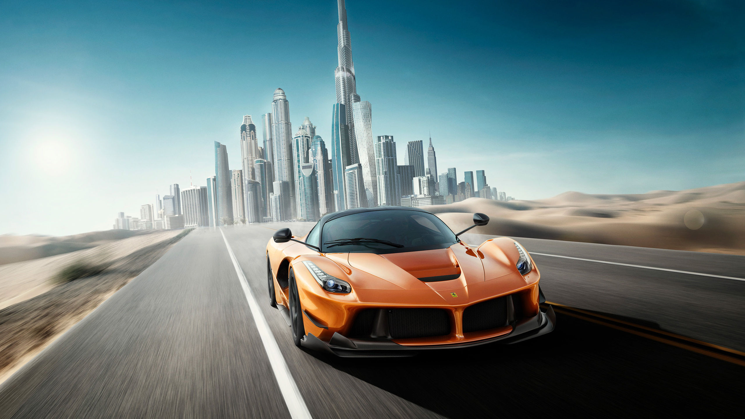 Wallpaper #0nP5hY4BFI5NbQksux4v30 A Sleek Orange Sports Car Speeds Down a Desert Highway with a Modern City in the Distance