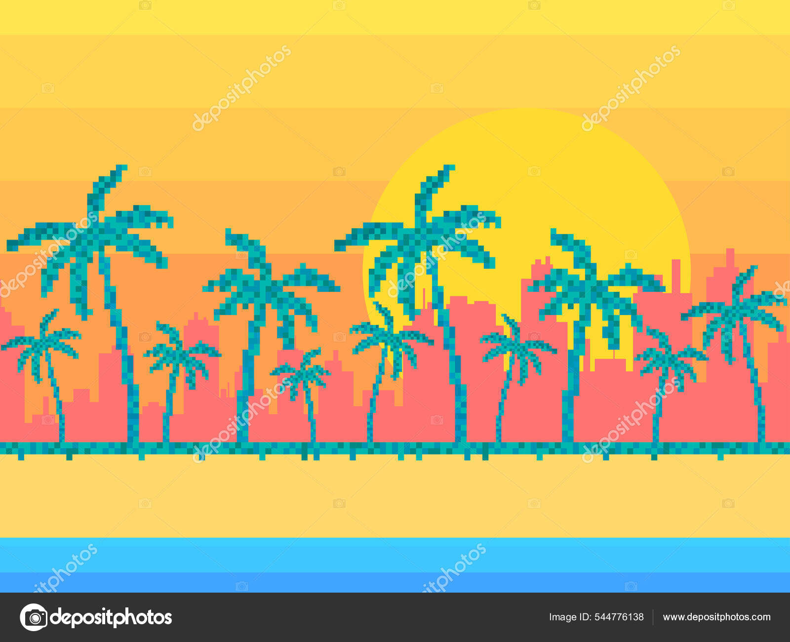 Wallpaper #42exDJMBSpphPi3-h9_r144 Pixel Art Retro Background Futuristic Landscape 1980s Style Palms Sun