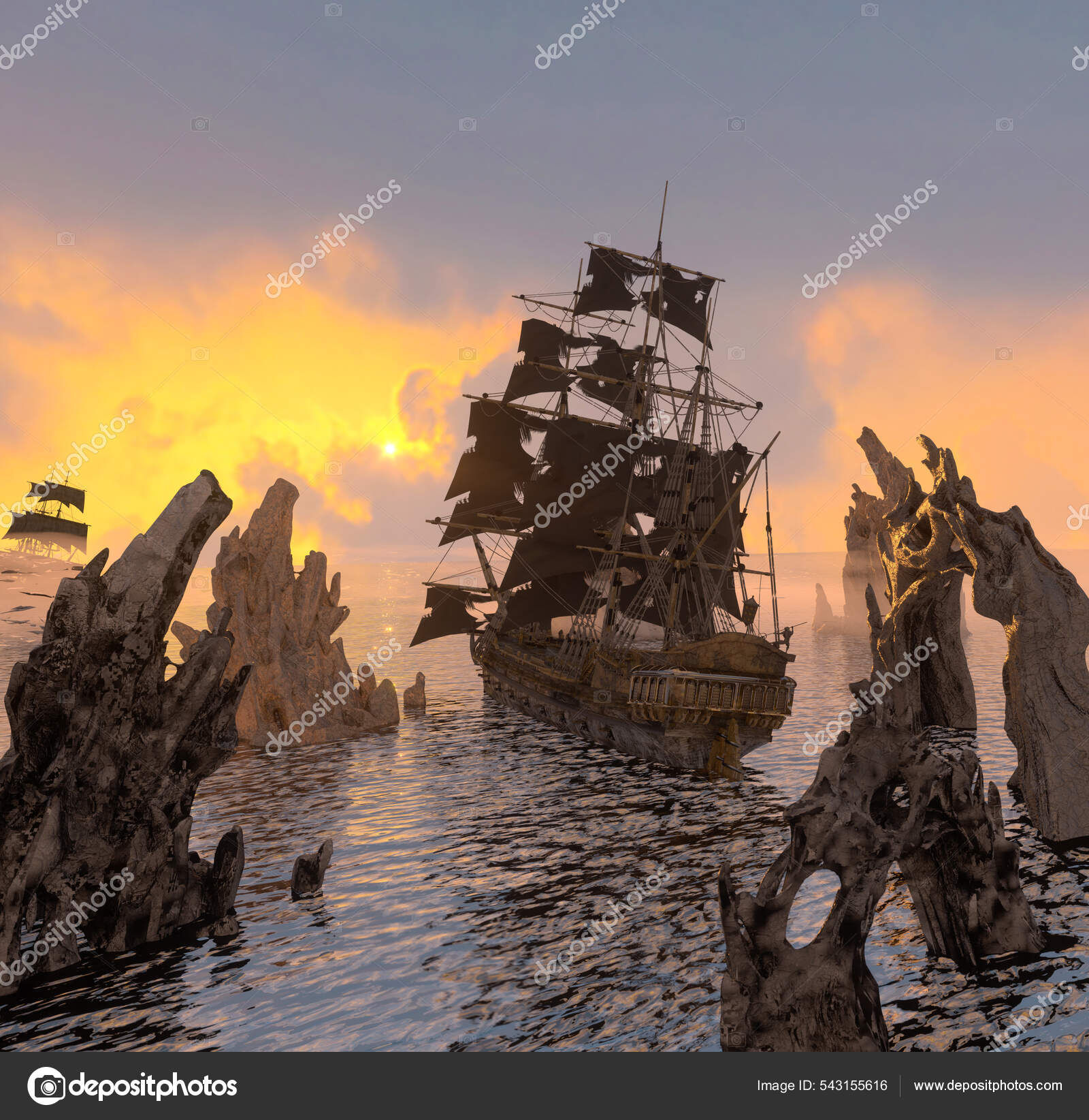 Wallpaper #Lmds-ZIBSpphPi3-8I3420 Old Scary Pirate Ship Sea Render Stock Photo by Denissmile 543155616