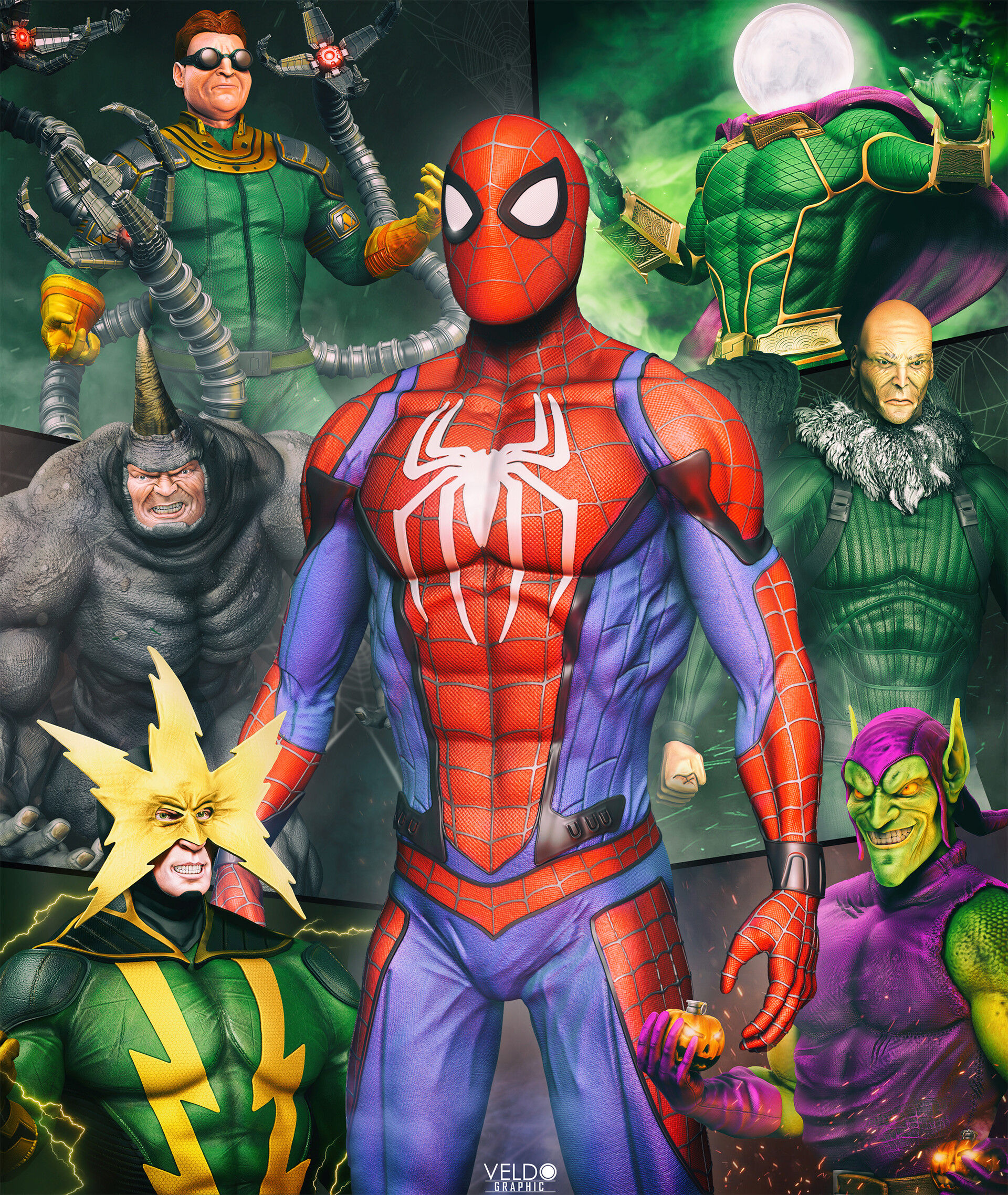 Wallpaper #ceb46 1920x1080 Spiderman vs Sinister Six Art Laptop Full HD 1080p HD 4K