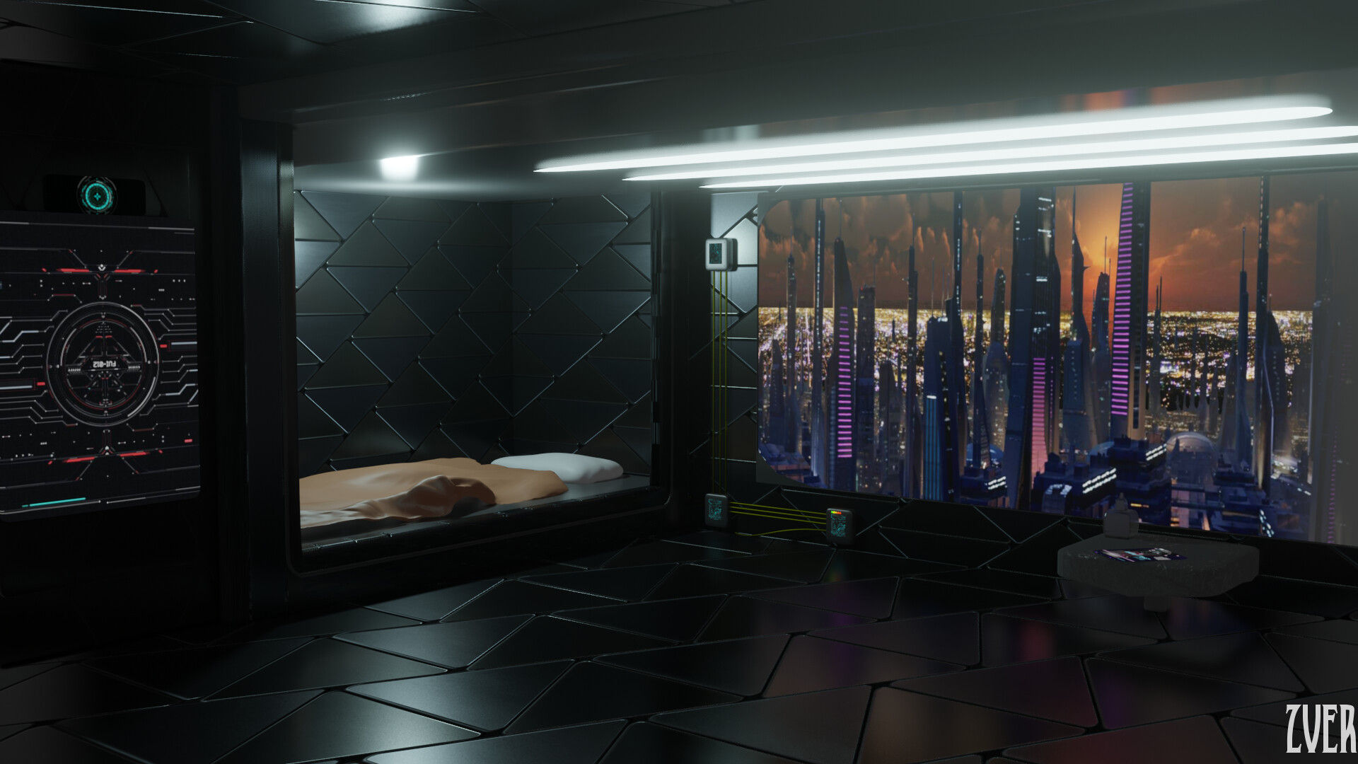 Wallpaper #93MKgI4BFI5NbQkshxev21 A Futuristic Bedroom with a Large Window Overlooking a Cityscape