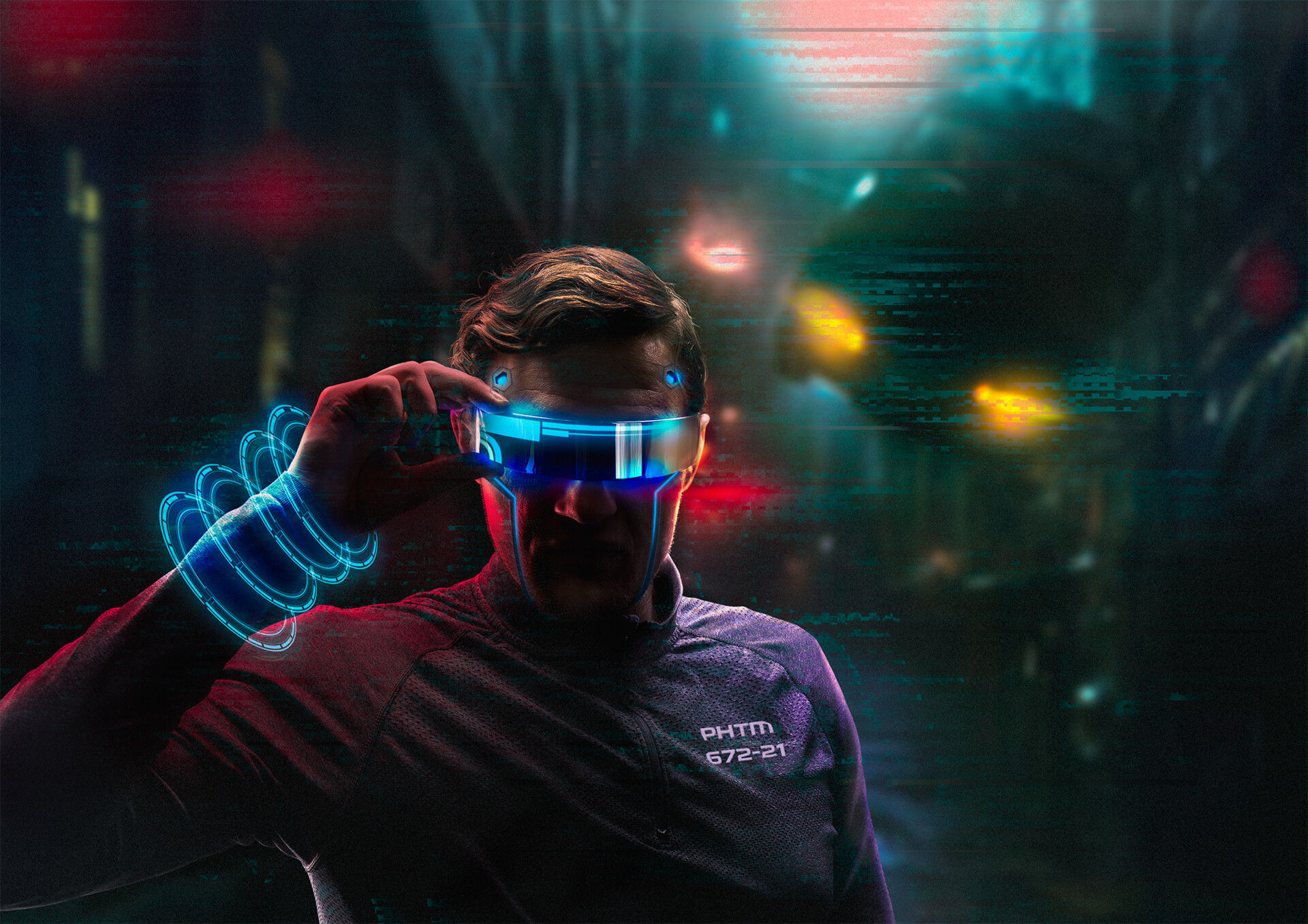 Wallpaper #_Wd9_pIBSpphPi3-Hp-I16 Artstation Cyberpunk Man with Sci Fi Face Glass on the Street