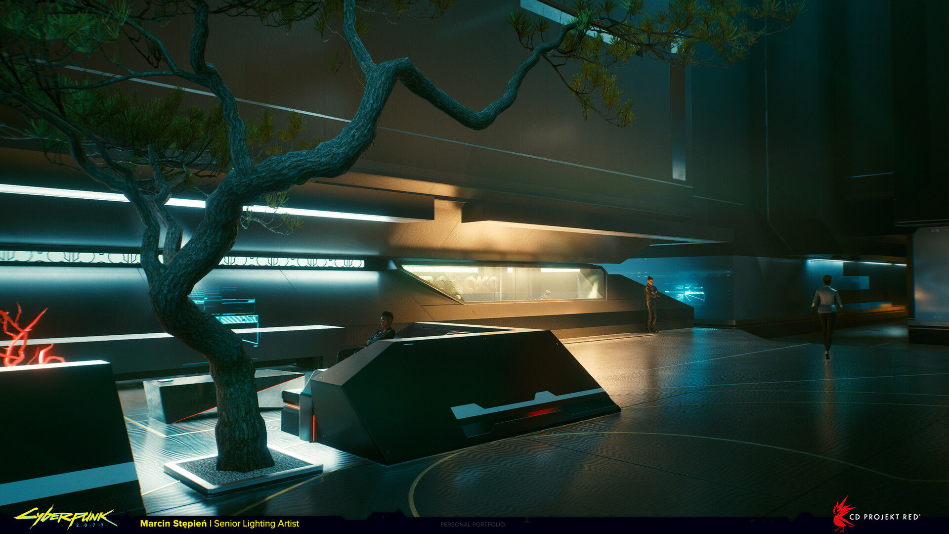 Wallpaper #ZK7JM5MBayWjSq6HCRyL2 Marcin Stepien Cyberpunk 2077 Arasaka Lobby Lighting