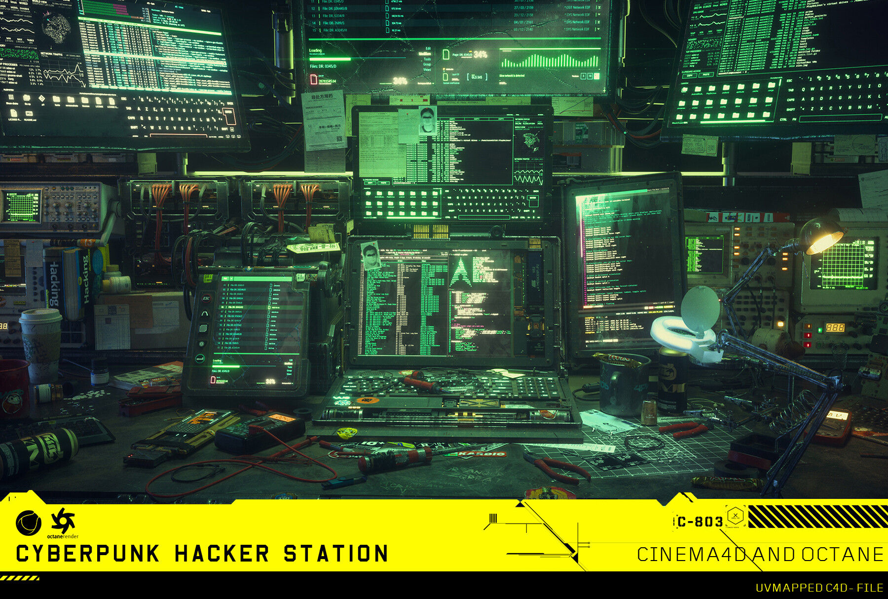 Wallpaper #93MKgI4BFI5NbQkshxev41 A Hacker's Station in a Cyberpunk Setting