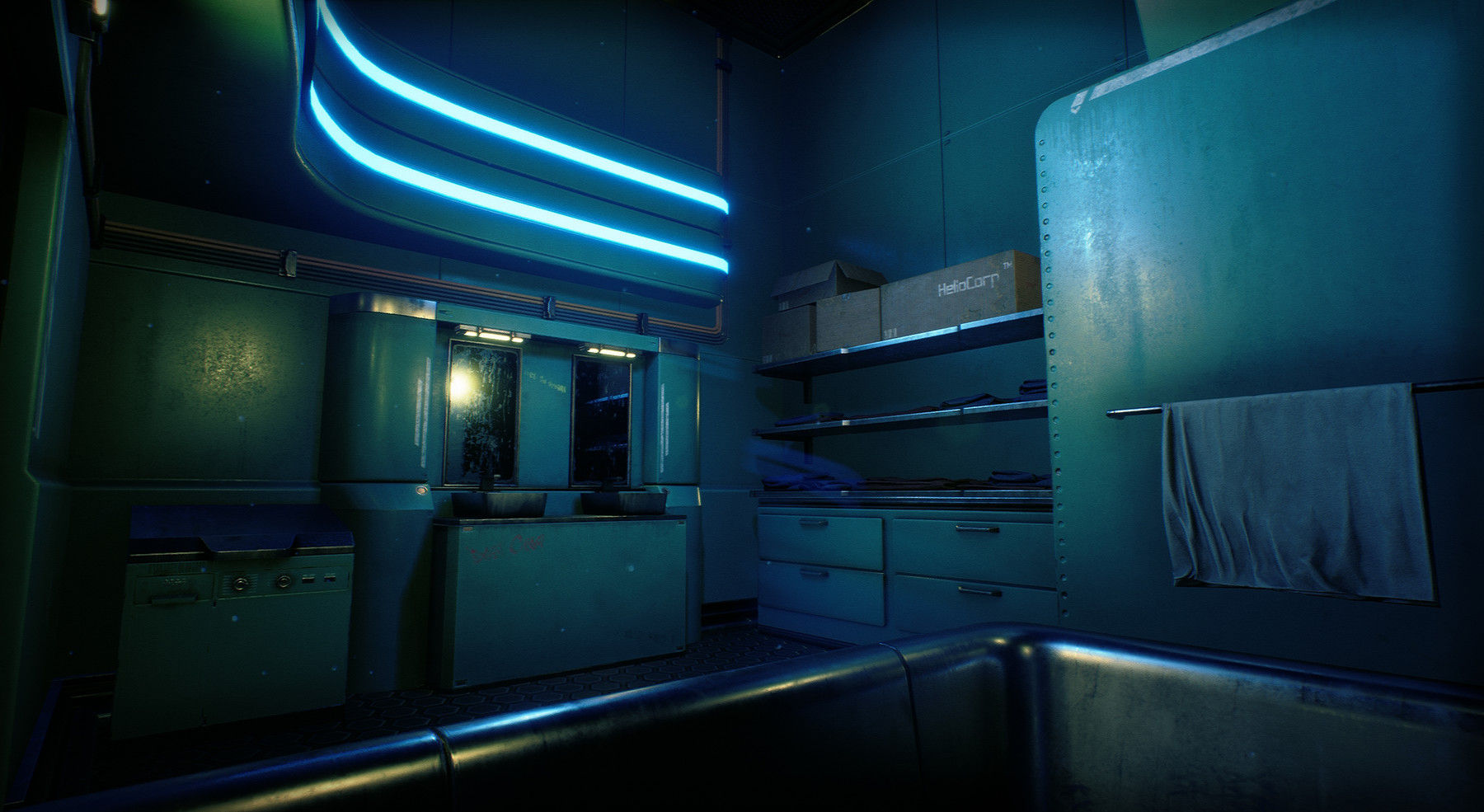 Wallpaper #93MKgI4BFI5NbQkshxev7 A Dimly Lit Futuristic Bathroom with Blue Neon Lights