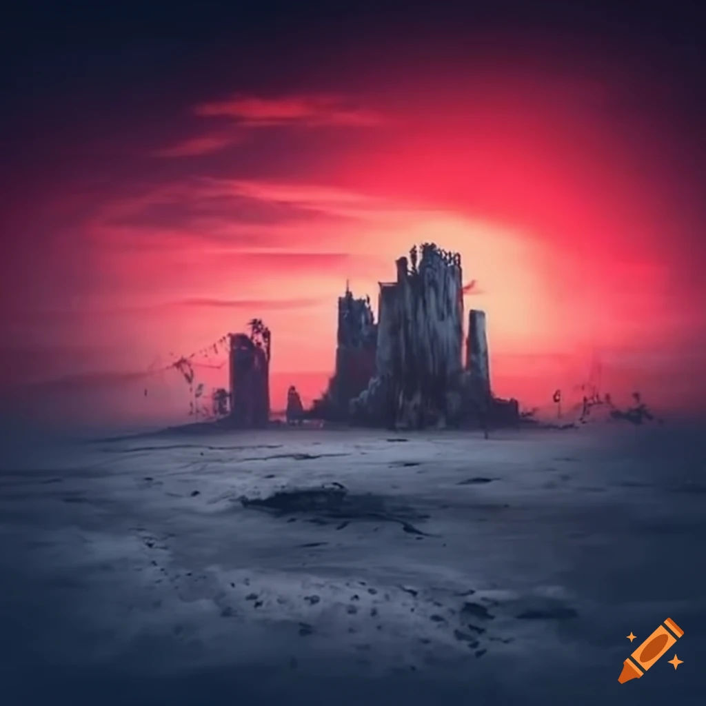 Wallpaper #oJl_P5MBUcASHT6nQswf232 Post Apocalyptic Scene with Red Sky and White Chalk Landscape on Craiyon